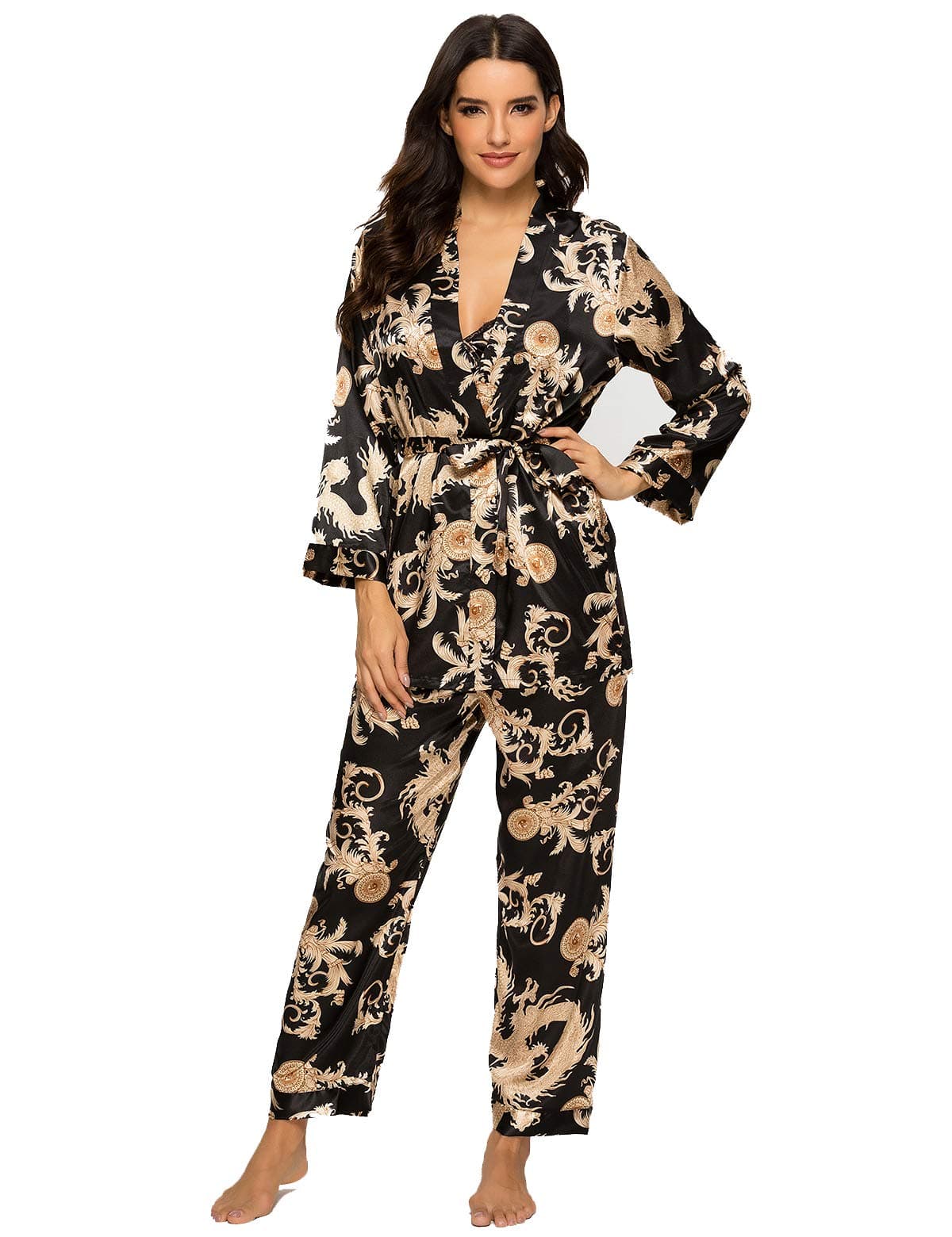 Women's Silk Satin Pajamas Set 3 Pcs Floral Silky Pj Sets Sleepwear Cami Nightwear with Robe and Pant