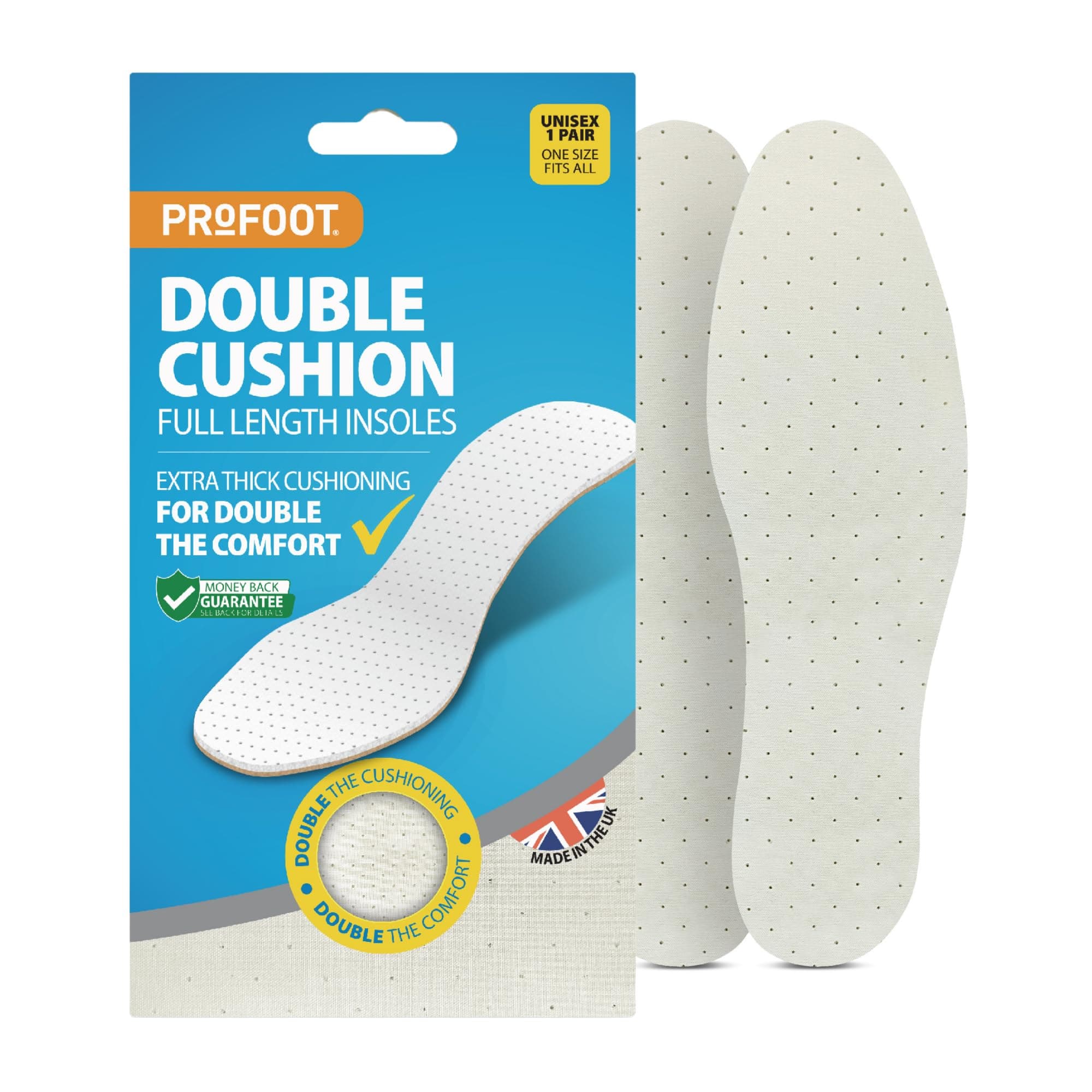 Profoot Unisex Insoles Double Cushion Full Length Shoe Inserts with Extra Thick Cushioning, Double Layer Insole For Everyday Comfort, Promotes Better Airflow, Trim to Fit, One Size, 1 Pair