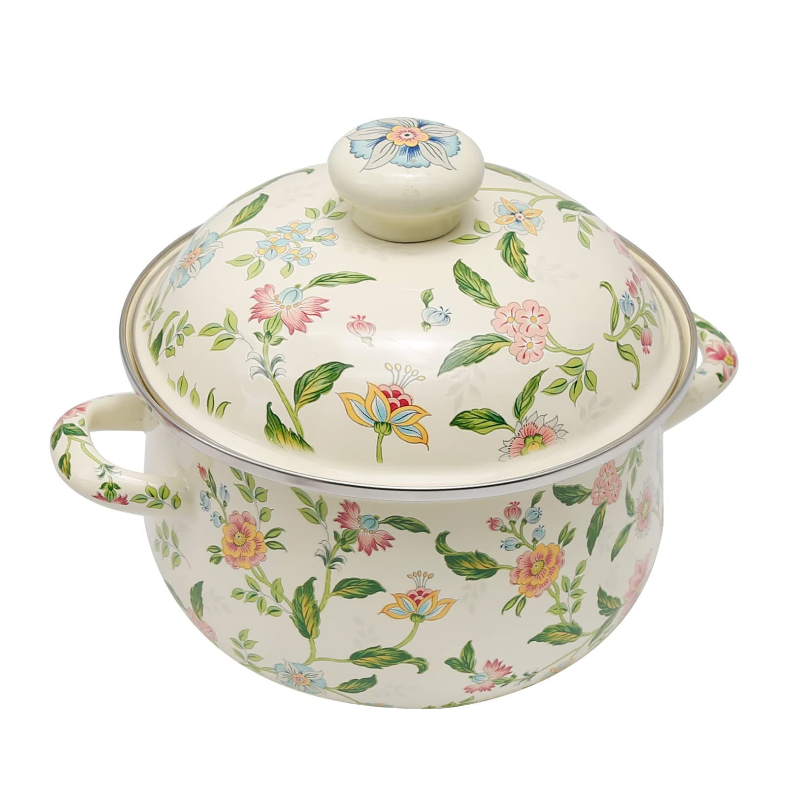 VIKKSAER 2.8 Qt Vintage Enamel Simmer Pot, Green Floral Enamel Stock Pot, Deep Vintage Cookware With Dural Handle for Stove Top, Ideal for 1-3 People