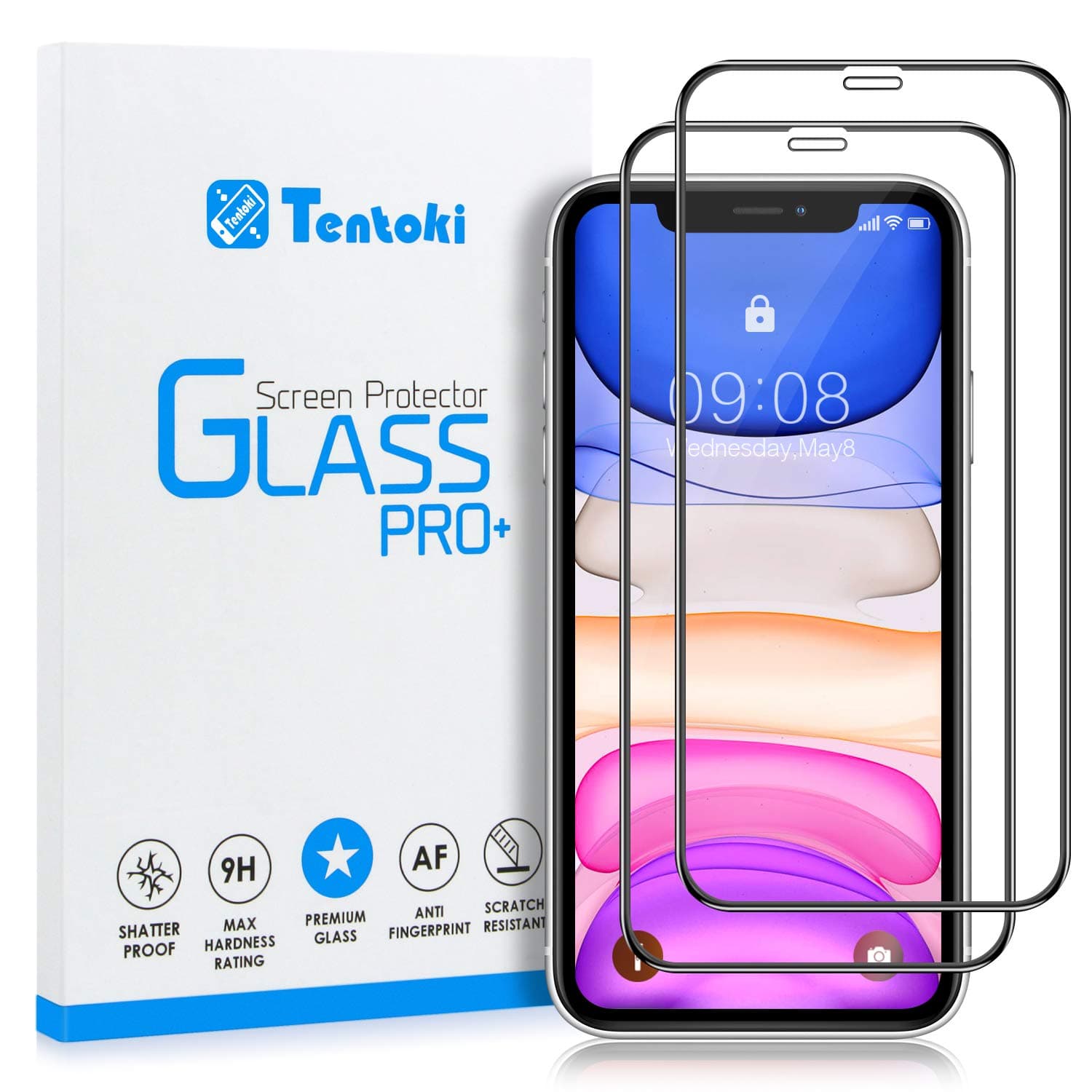 Tentoki Screen Protector for iPhone XR/iPhone 11, [2 Pack] Full Coverage Tempered Glass Screen Protector Film With [ Anti-Fingerprint, Case-Friendly ] Compatible with iPhone XR/iPhone 11 6.1''