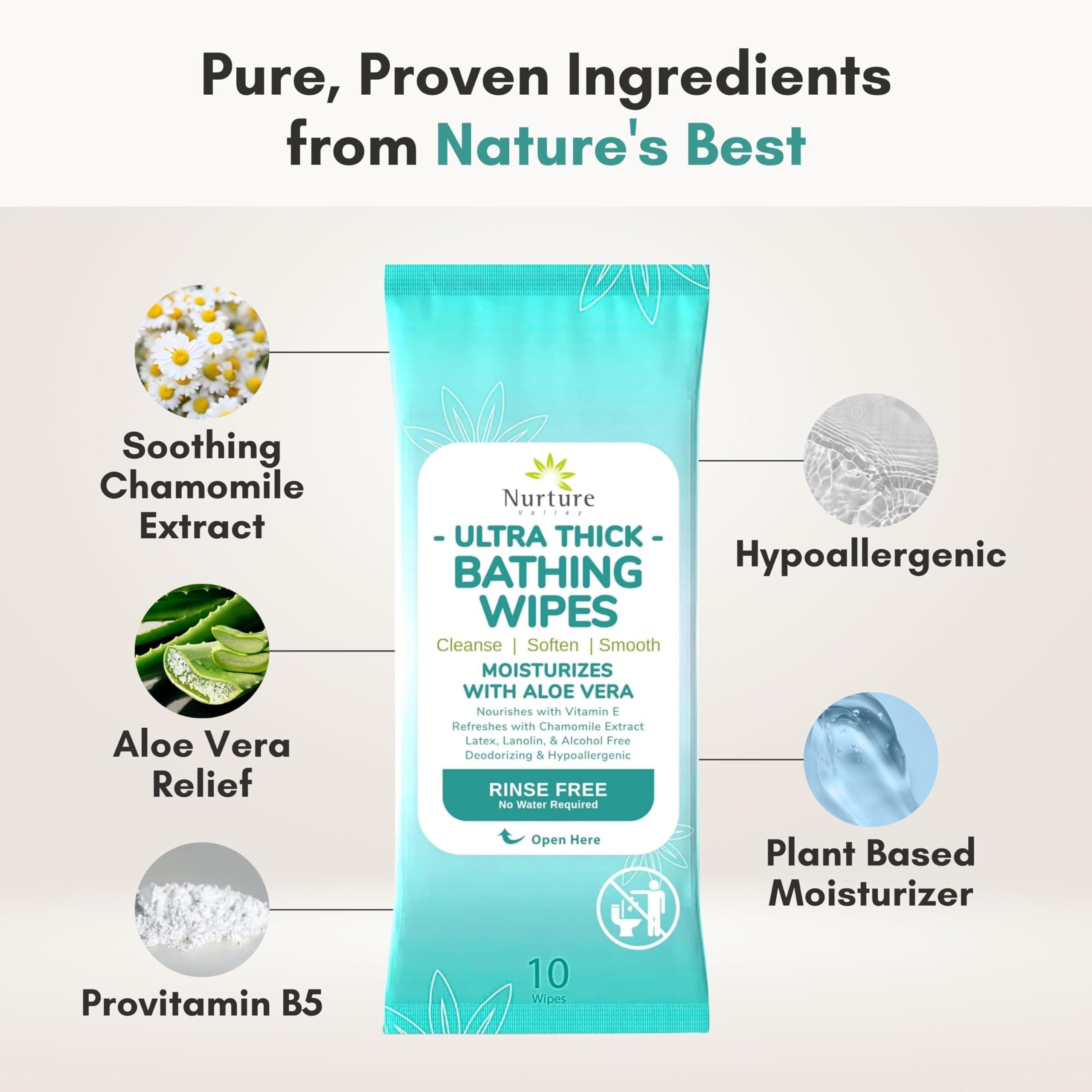 Ultra-Thick Rinse Free Bathing Wipes (12 pack) | 120 Extra Large & Thick Adult Sponge Bath Wash Cloths Requiring No Rinse - Latex, Lanolin and Alcohol Free - 12 Packs of 10 Cleansing Body Bath Wipes