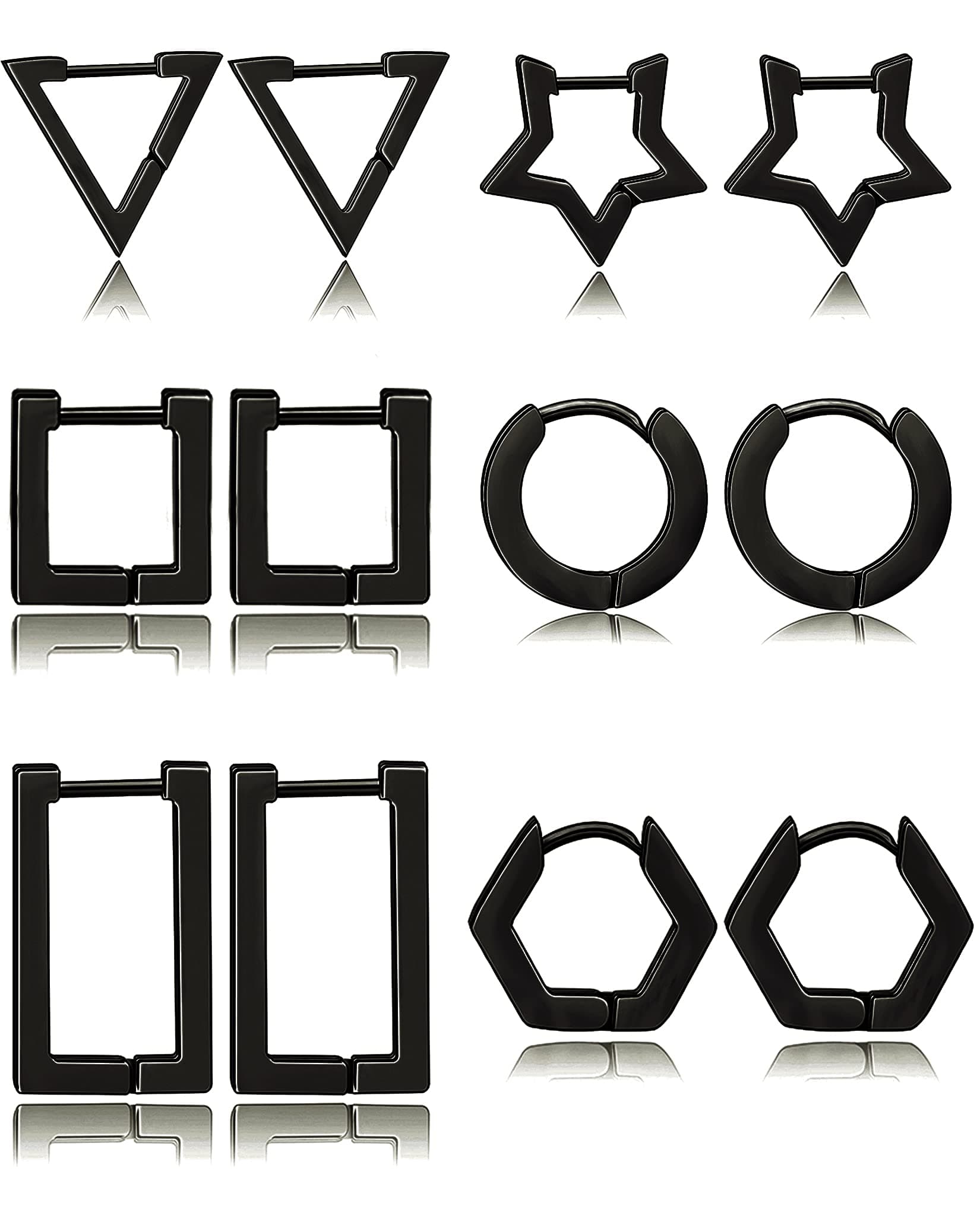 Ofeiyaa6 Pairs Hoop Earrings Stainless Steel Small Dainty Geometric Square Triangle Star Rectangle Minimalist Huggies Earrings for Women Girls Gold Silver Black Tone