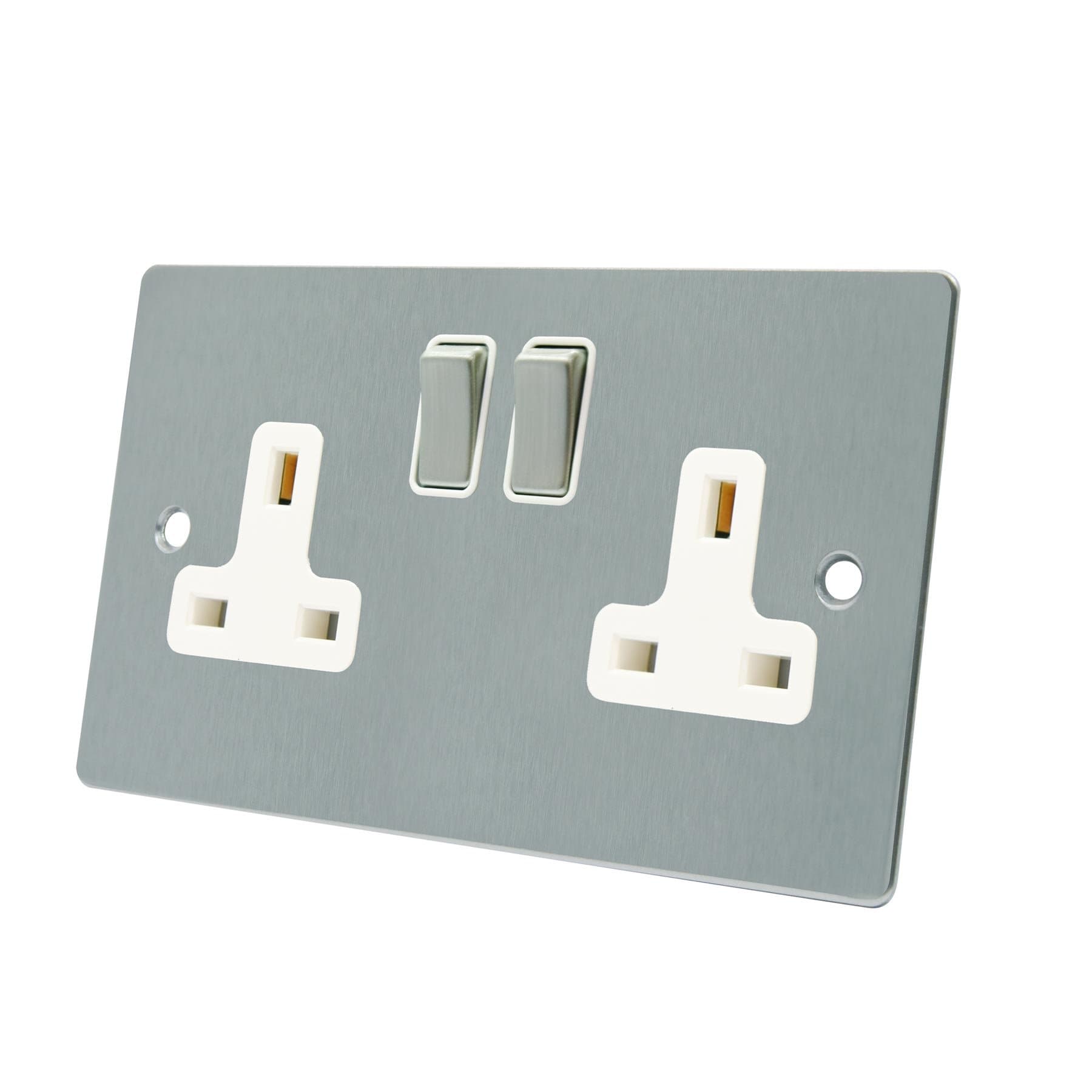 A5 SOC2GSFWS 2 Gang-Satin Matt Chrome Flat-White Insert-Metal Rocker Switch-13A Double Plug Socket, 250 W