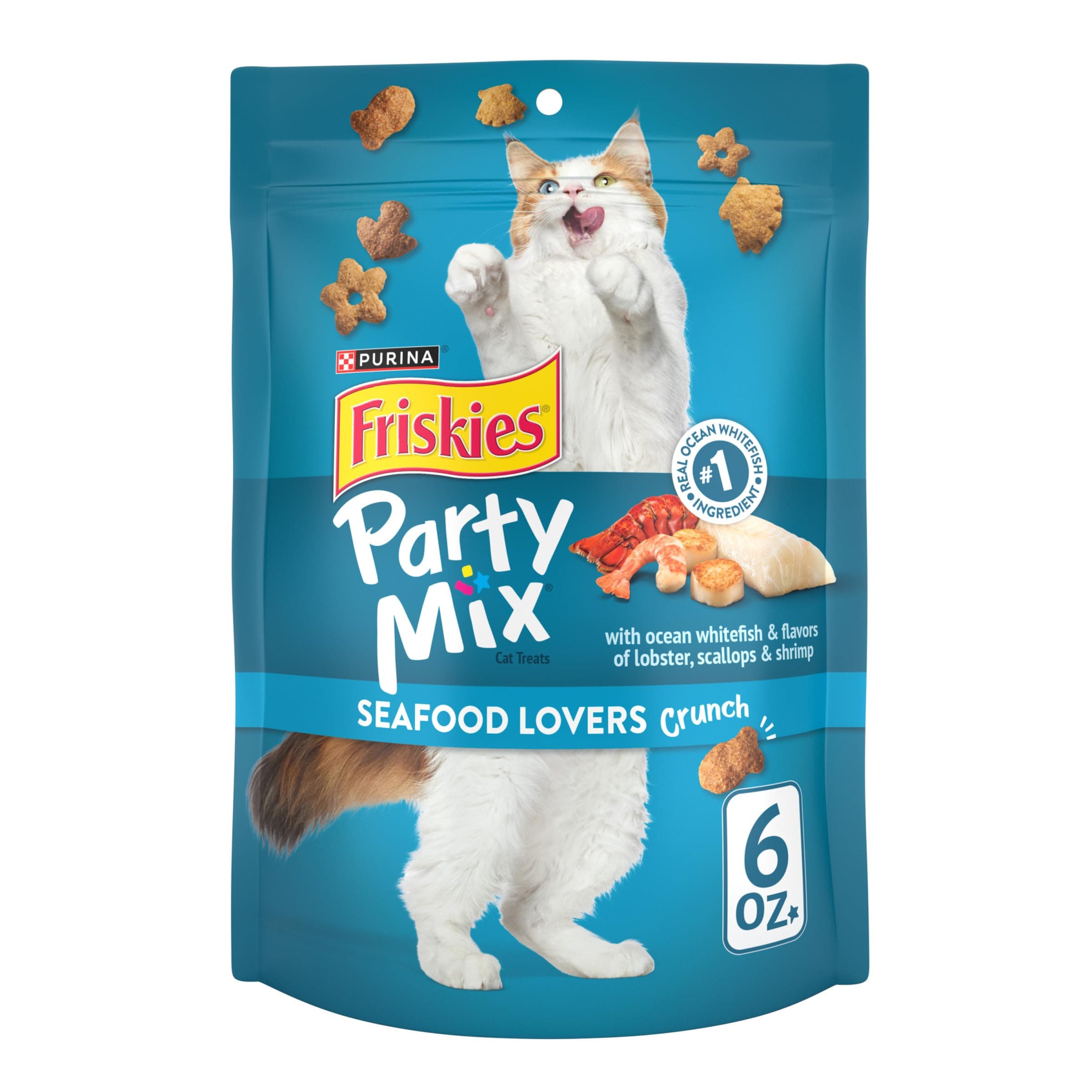 Purina Friskies Made in USA Facilities Cat Treats, Party Mix Seafood Lovers Crunch - (6) 6 oz. Pouches