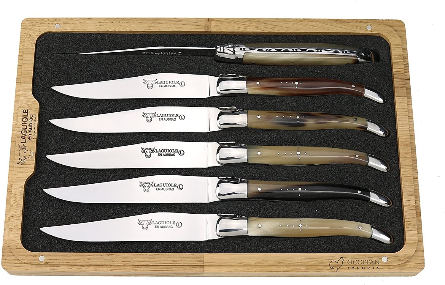Laguiole en Aubrac Luxury Fully Forged Full Tang Stainless Steel Steak Knives 6-Piece Set with Solid Horn Handles, Stainless Steel Polished Bolsters