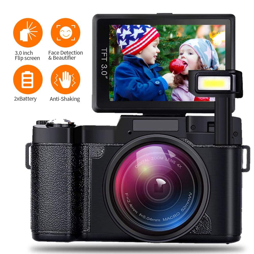 Video Camera Digital Camera Vlogging Camera 1080P Camcorder with 4X Zoom, 2 Rechargeable Batteries, 3 Inch 180°Camera Flip Screen Retractable Flashlight Easy Operation to Seniors/Kids