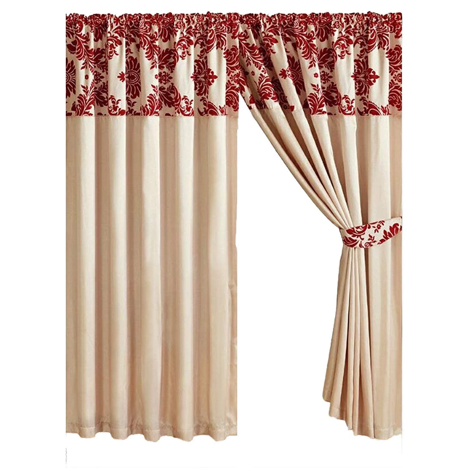 Neve Noelene Kelly Half Flock With Plain Design Damask Pencil Pleat Curtains - Cream Red (90" X 90" (230cm X 230cm))