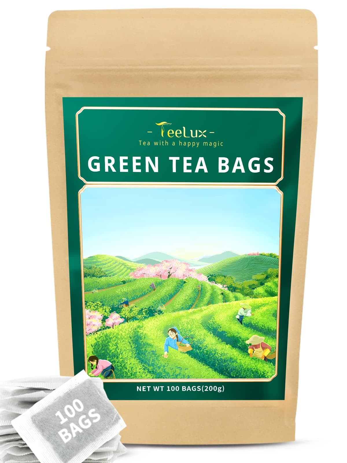 TeeLux Green Tea Bags, Natural Pure Green Tea, Super Antioxidant, Caffeinated, 100 Count Tea Bags to Support Overall Health
