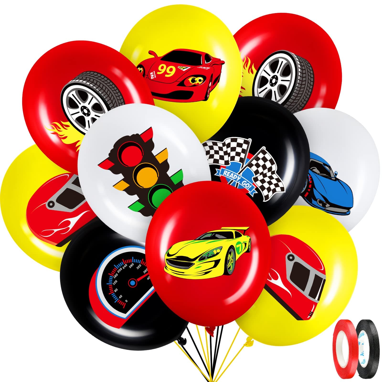 Charniol 40 Pack Race Car Balloons for Birthday Party, 12 Inch Racing Car Latex Balloons with Checkered Flag & Wheels, Cars Birthday Party Decorations for Boys Racing Theme Supplies