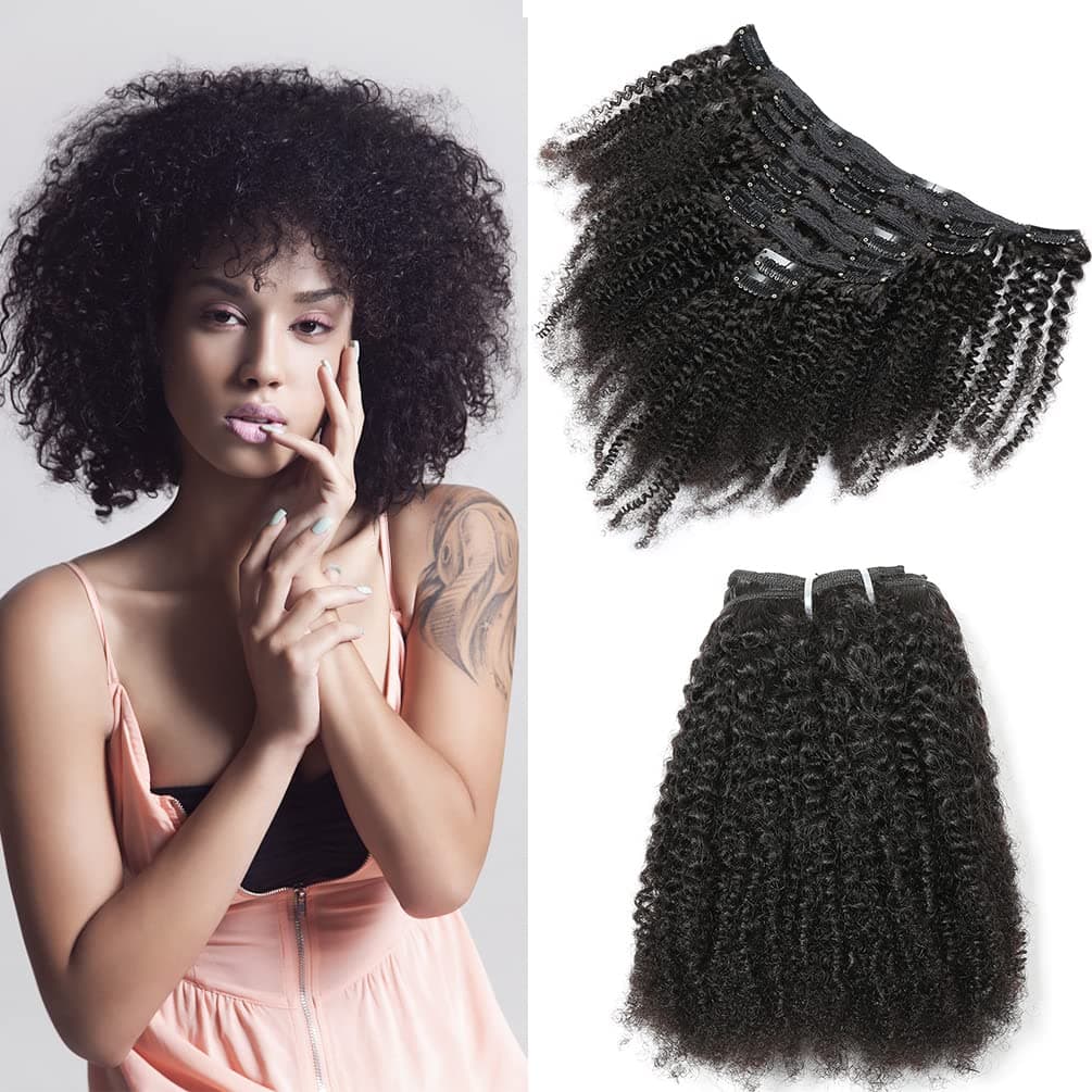 LDGUGO Afro Kinky Curly Clip in Hair Extensions Human Hair 4C Hair Clip in Extensions 8pcs 120g/set 10A Brazilian Virgin Natural Hair Clip Ins for Black Women Natural Black Color 14 Inch