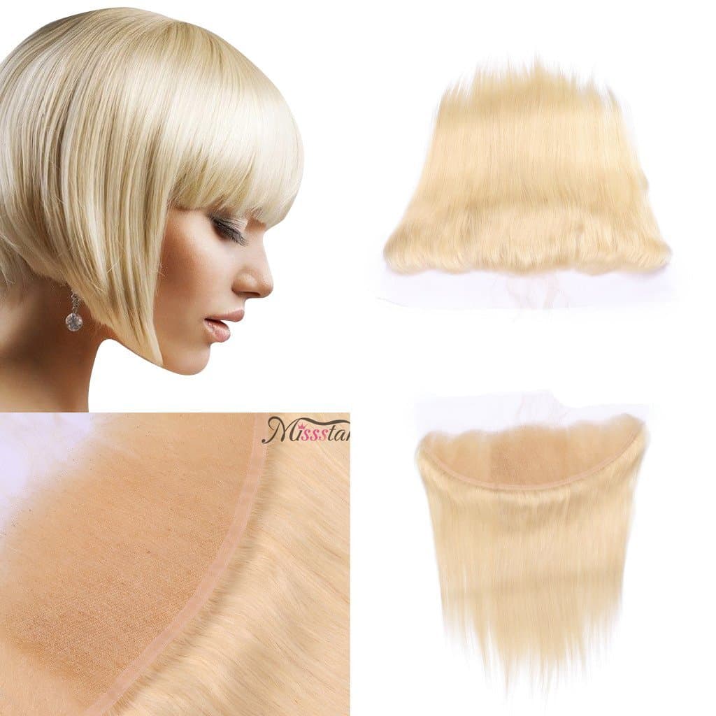Lace Blonde Frontal Closure Bleached Knots with Baby Hair Ear to Ear Frontal 134 Free Part Human Hair (16inch, Straight)