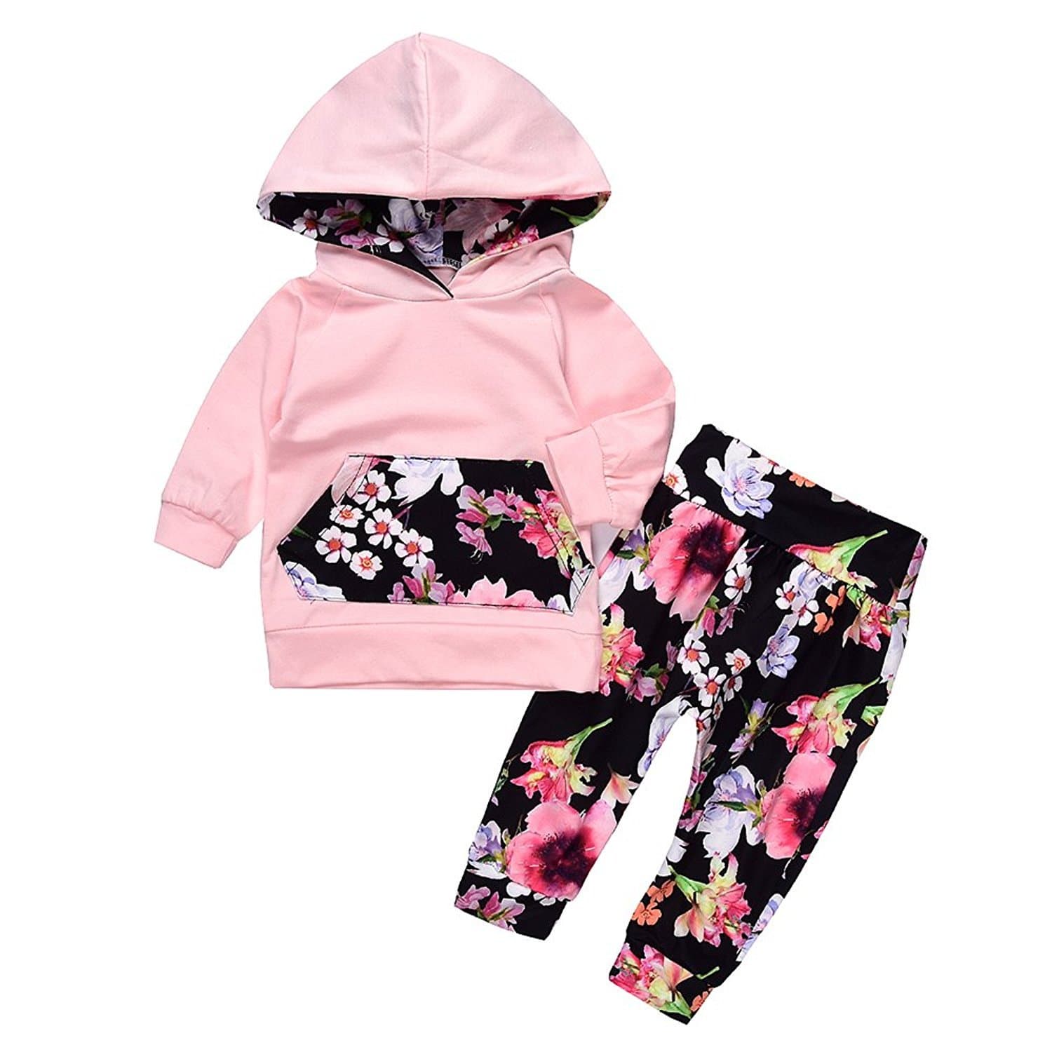 Baby Girl 2pcs Floral Warm Outfit Suit Pullover Hoodie with pocket+Floral Long pants (6-12M, Pink)
