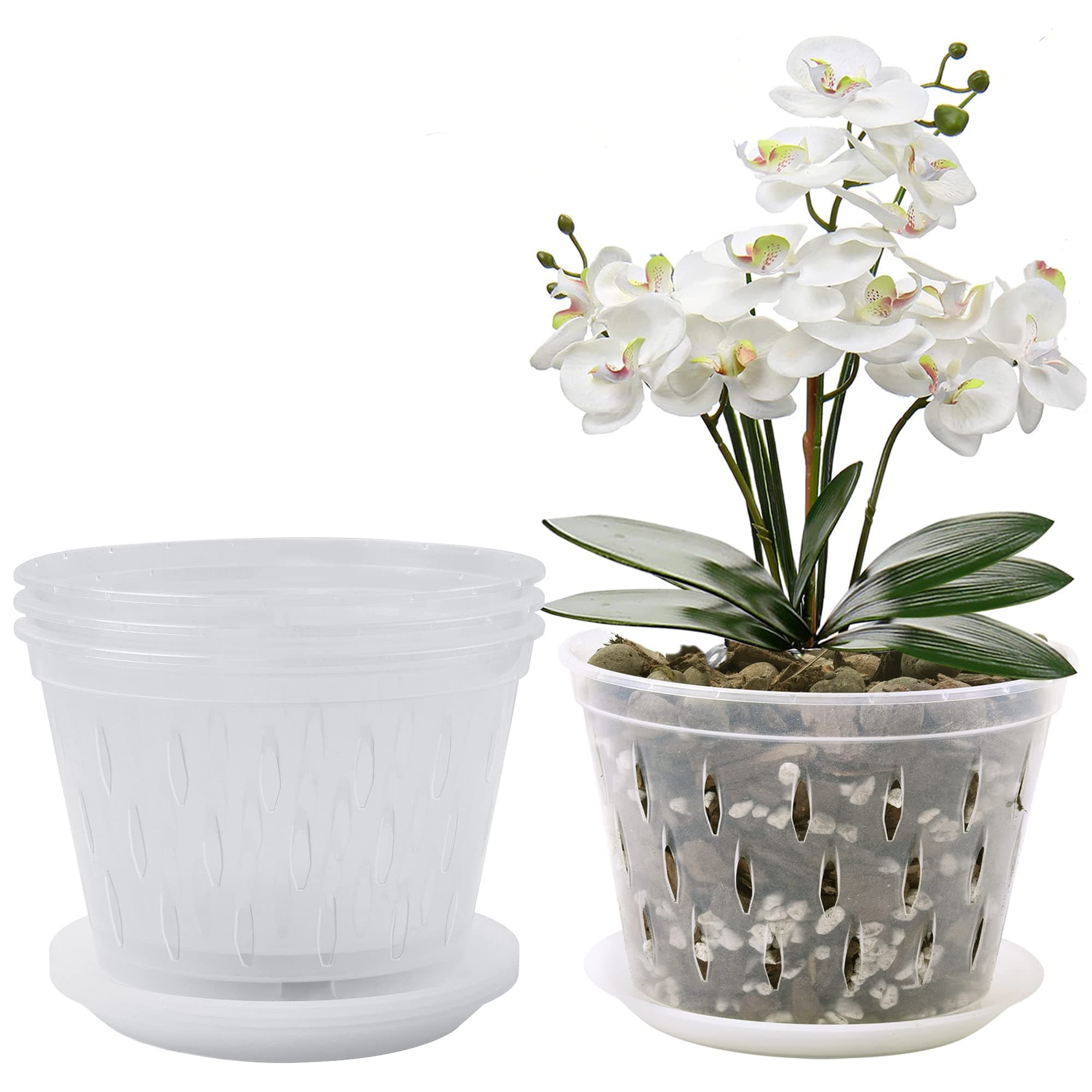 Orchid Pot, 8 Inch 4 Pack Orchid Pots with Holes and Saucers, Clear Plastic Orchid Pots