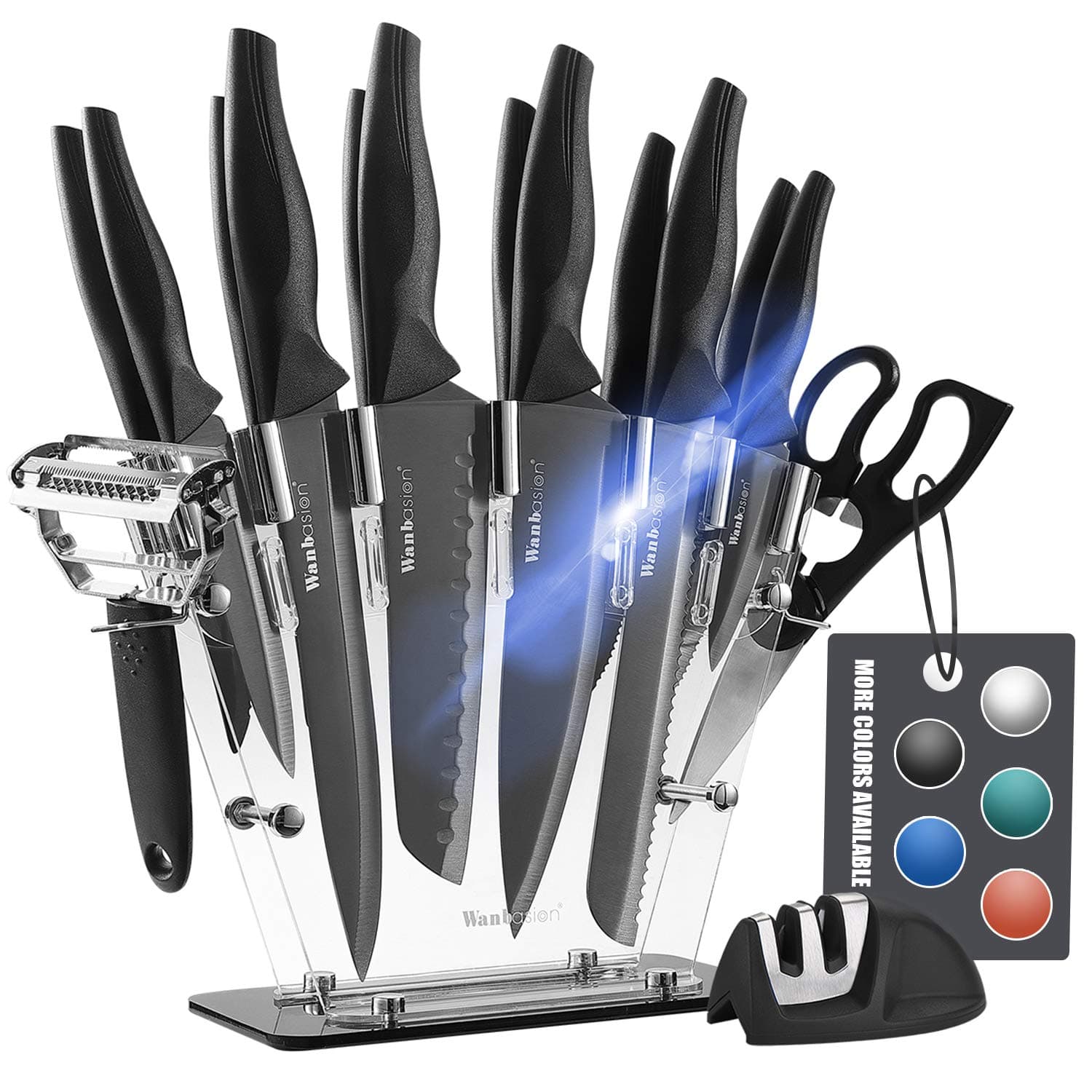 Wanbasion16 Pieces Black Kitchen Knife Set Dishwasher Safe, Professional Chef Kitchen Knife Set, Kitchen Knife Set Stainless Steel with Knife Sharpener Peeler Scissors Acrylic Block