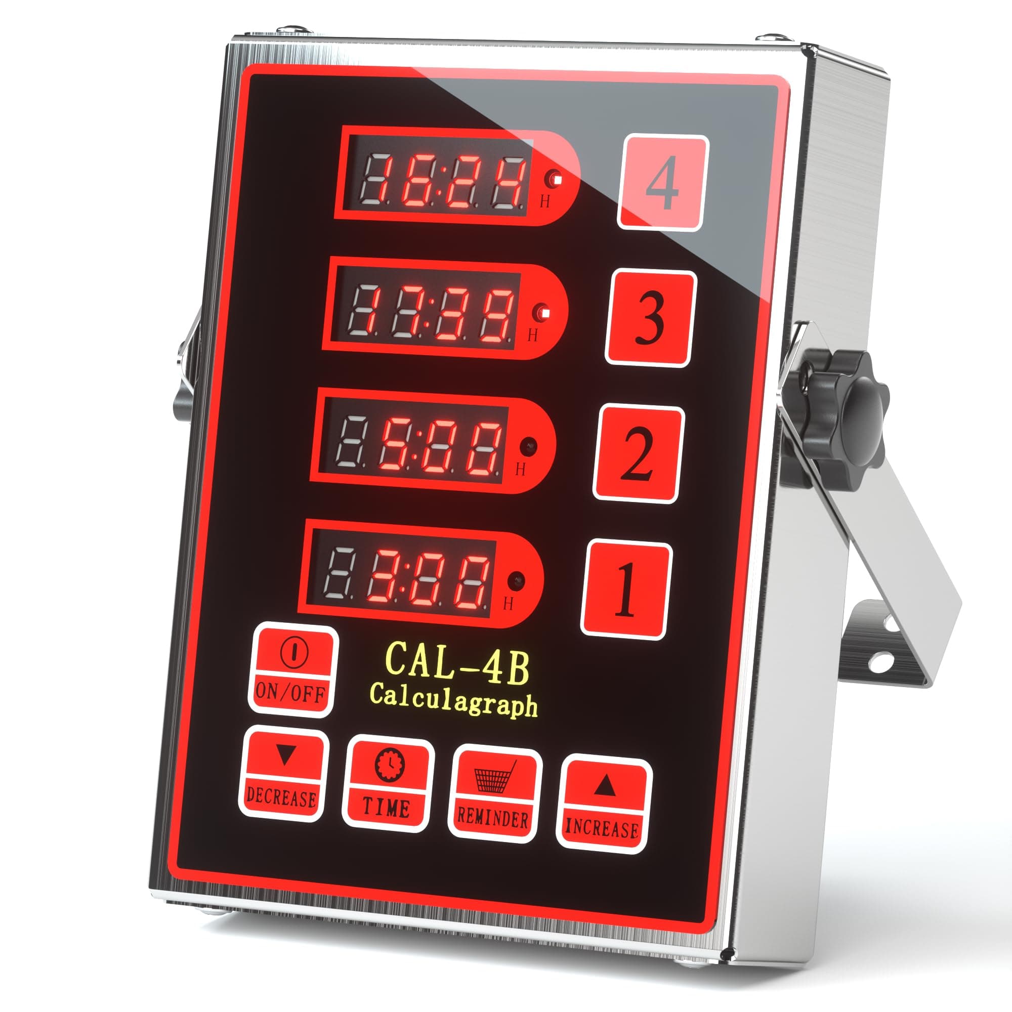 Commercial Kitchen Timer, 4-Channel Digital Timer for Cooking, Loud Alarm Volume +/-, Food Truck Restaurant Supplies, Heavy Duty Stainless Steel Large Timers with Waterproof Panel & Memory Function