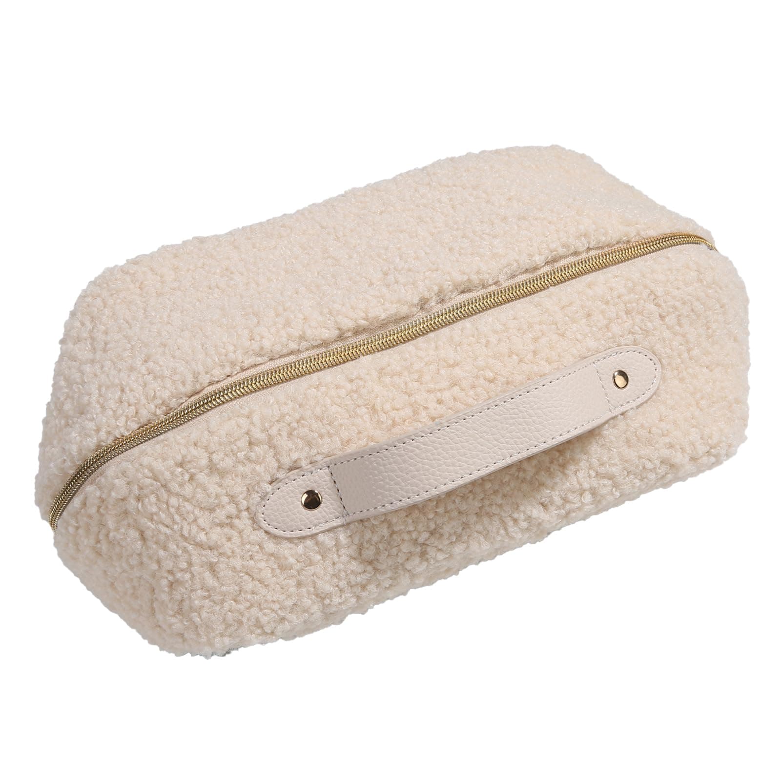 Makeup Bag - Large Capacity Travel Cosmetic Bag, Travel Toiletry Bag Cute Plush Makeup Pouch with Handle and Divider Flat Lay Portable Makeup Case Organizer for Women, White, Cute Makeup