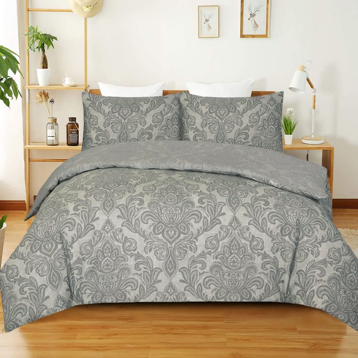 Best Linen Duvet Cover Set 3 Piece 100% Microfiber Soft and Smooth Quilt Cover Bedding Set with Pillow Cover 100% Microfiber Easy Care Machine Washable. (Grey Damask, Double 3 Piece)