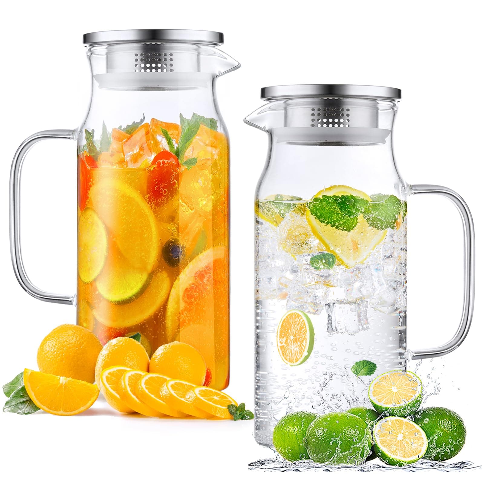 Bivvclaz 2 Pack 1.2 Liter 40 oz Small Glass Pitcher with Lid and Handle, Glass Carafe Water Pitcher for Hot/Cold Water, Iced Tea, Drinks, Coffee, Juice and Homemade Beverage