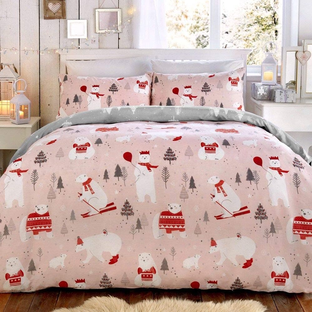Bedlam Christmas - Polar Bears - Easy Care Duvet Cover Set | Double Bed Size | Pink Bedding