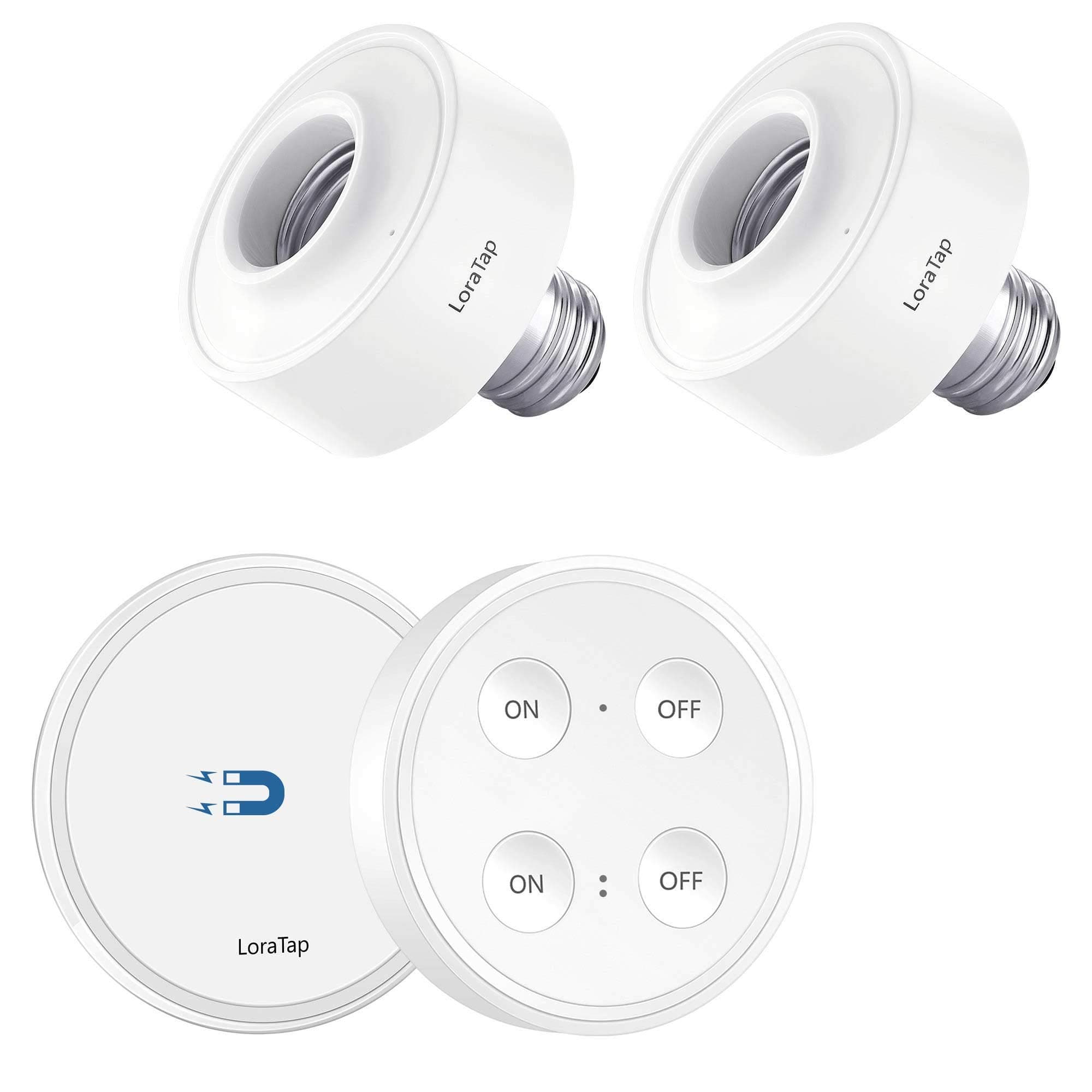 LoraTap Wireless Remote Control E26 Light Socket (2 Pack) with Dual Switch Remote, 915MHz RF 656ft Range On Off Light Switch Kit for LED Bulbs and Fixtures, 1 Wall Switch + 2 Light Bases, White