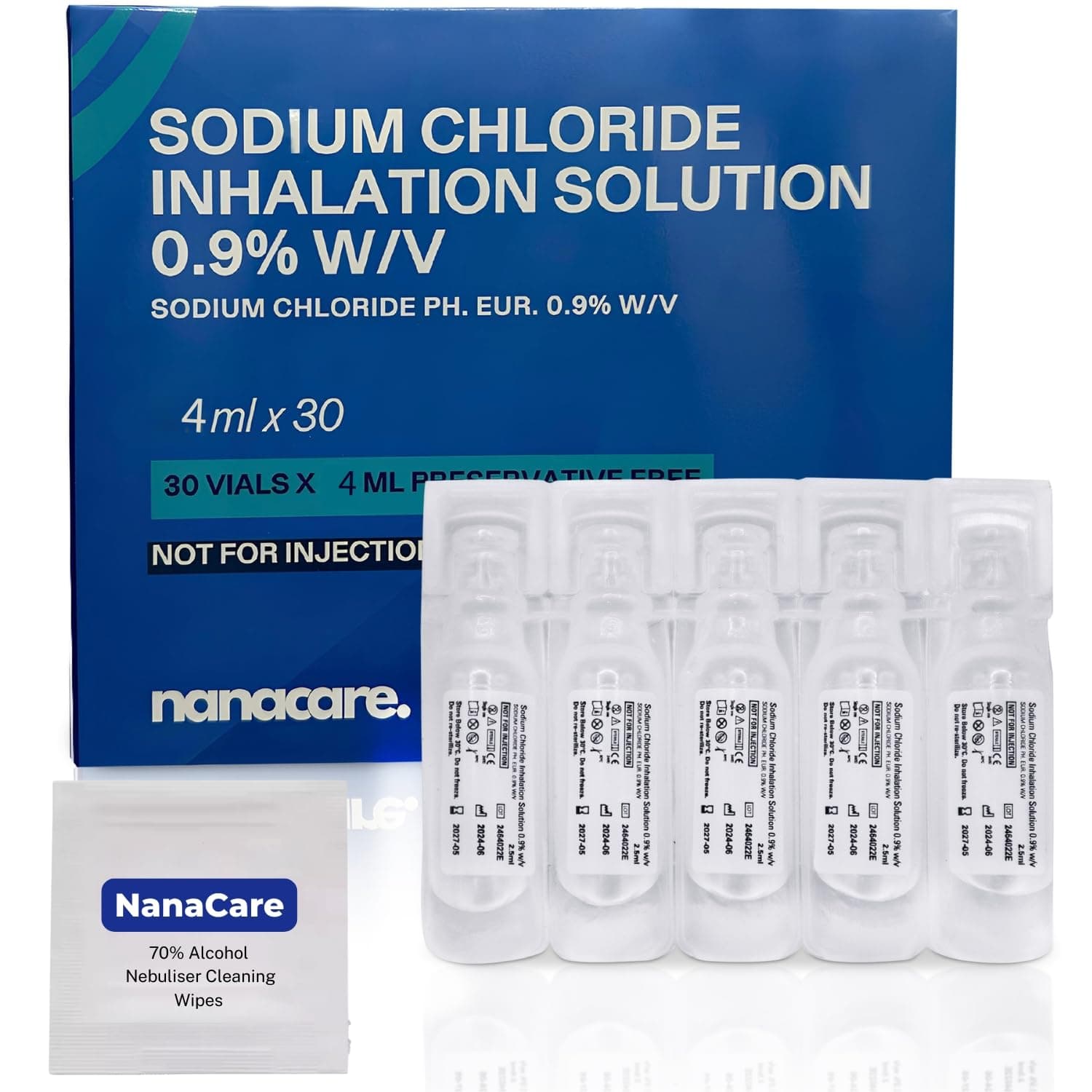 Sterile NaCl 0.9% Saline Solution for Inhalation, 30 × 4 ml Ampoules + 10 Cleaning Wipes, Isotonic Saline for Nebulizer & Inhaler, Inhaler for Adults, Preservative-Free