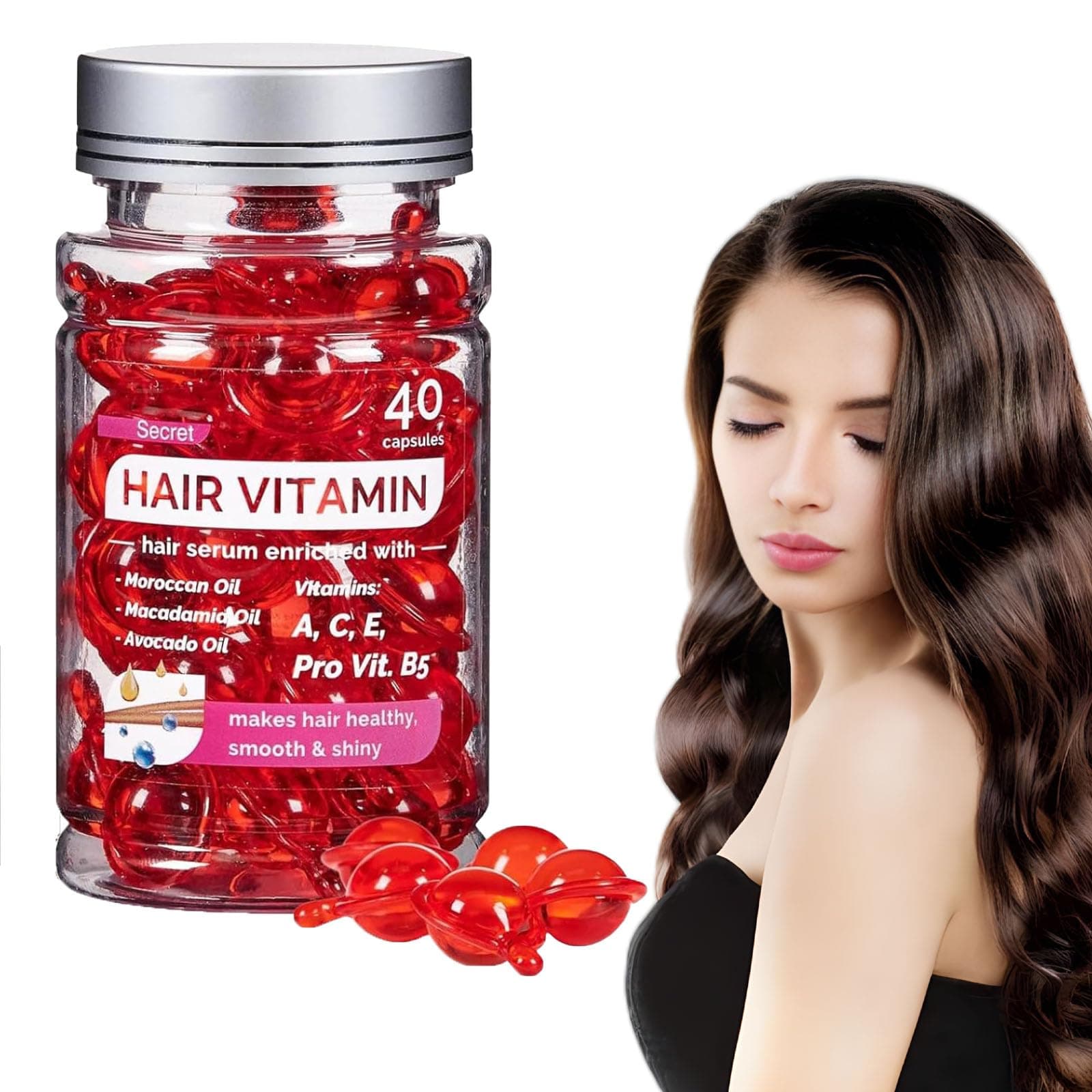 Bali Secret Hair Vitamin,40 Capsules Hair Vitamins Oil Capsules,Leave-in Hair Vitamin Serum Capsule,Hair Vitamins Oil,Makes Hair Healthy, Smooth and Shiny,Restores Dry Frizzy Hair