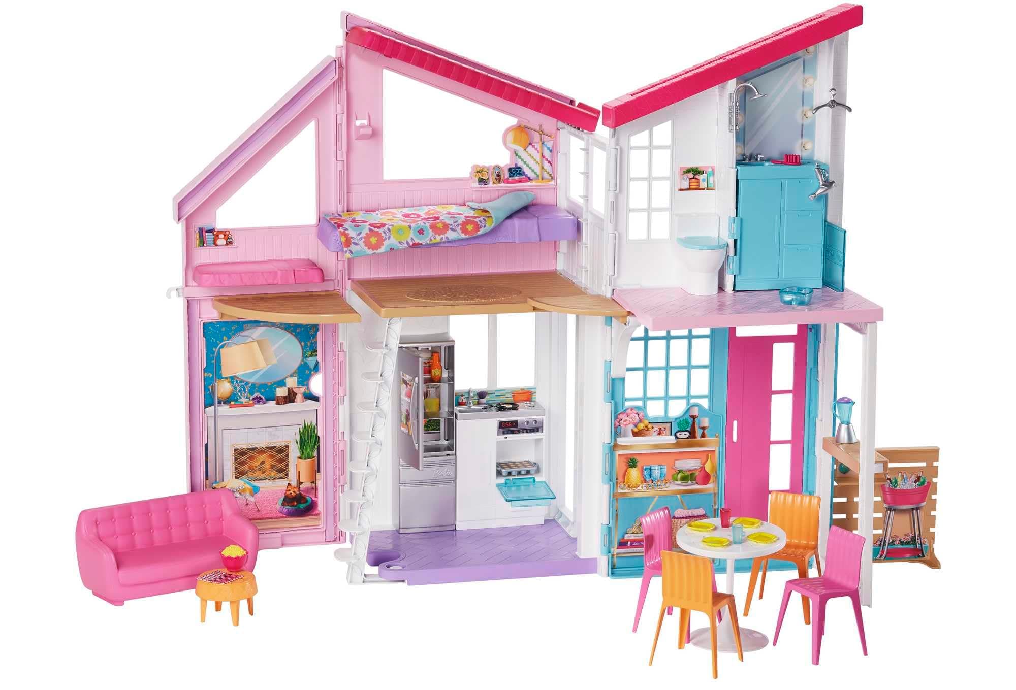 Barbie Malibu House 2-Story, 6-Room Dollhouse with Transformation Features, Plus 25+ Pieces Including Furniture, Patio Fence and Accessories, for Kids 3 Years Old and Up, FXG57