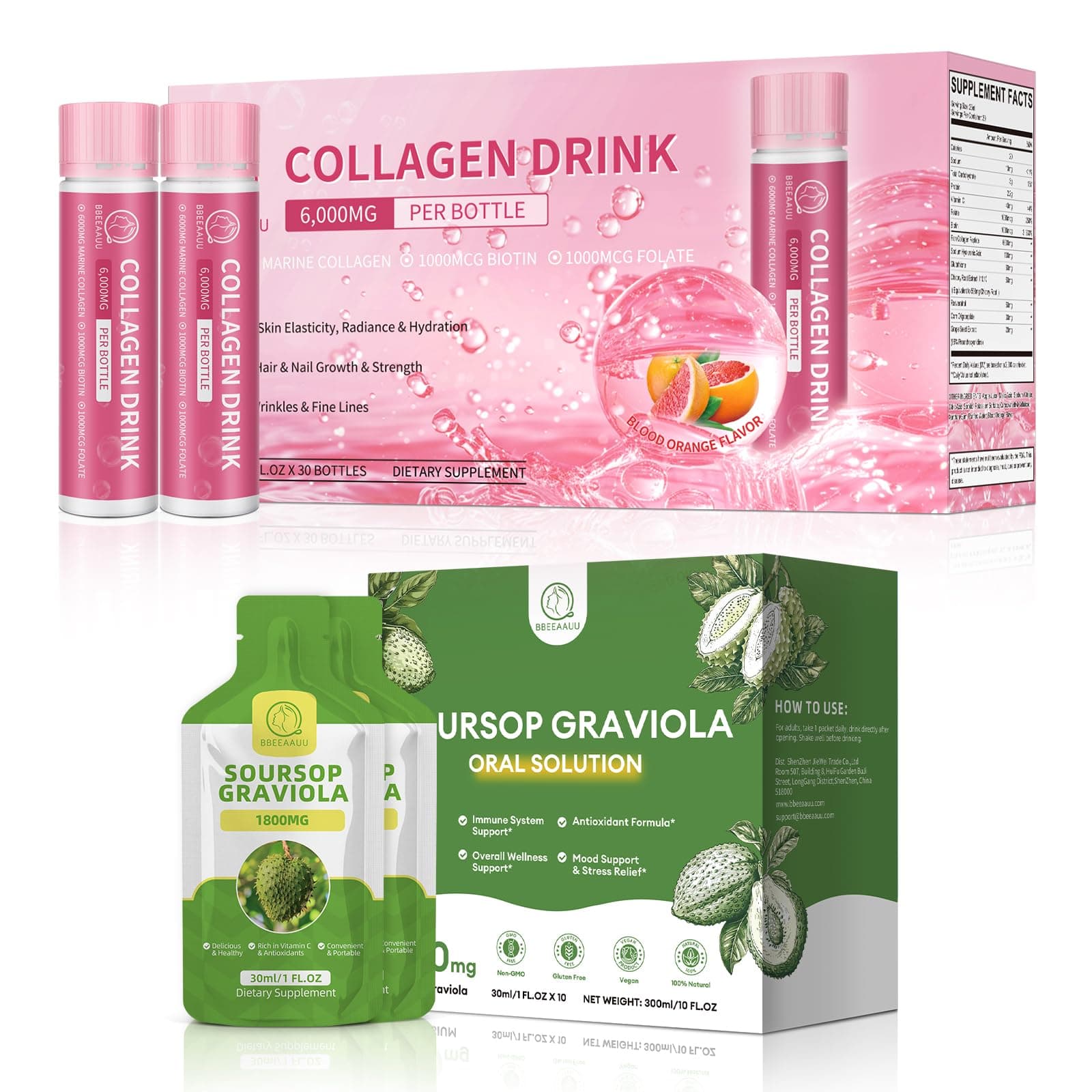 BBEEAAUU Collagen Drink with 6000 mg Marine Collagen Peptides & Soursop Graviola Oral Liquid for Cell* Regeneration, Immune & Antioxidant Support