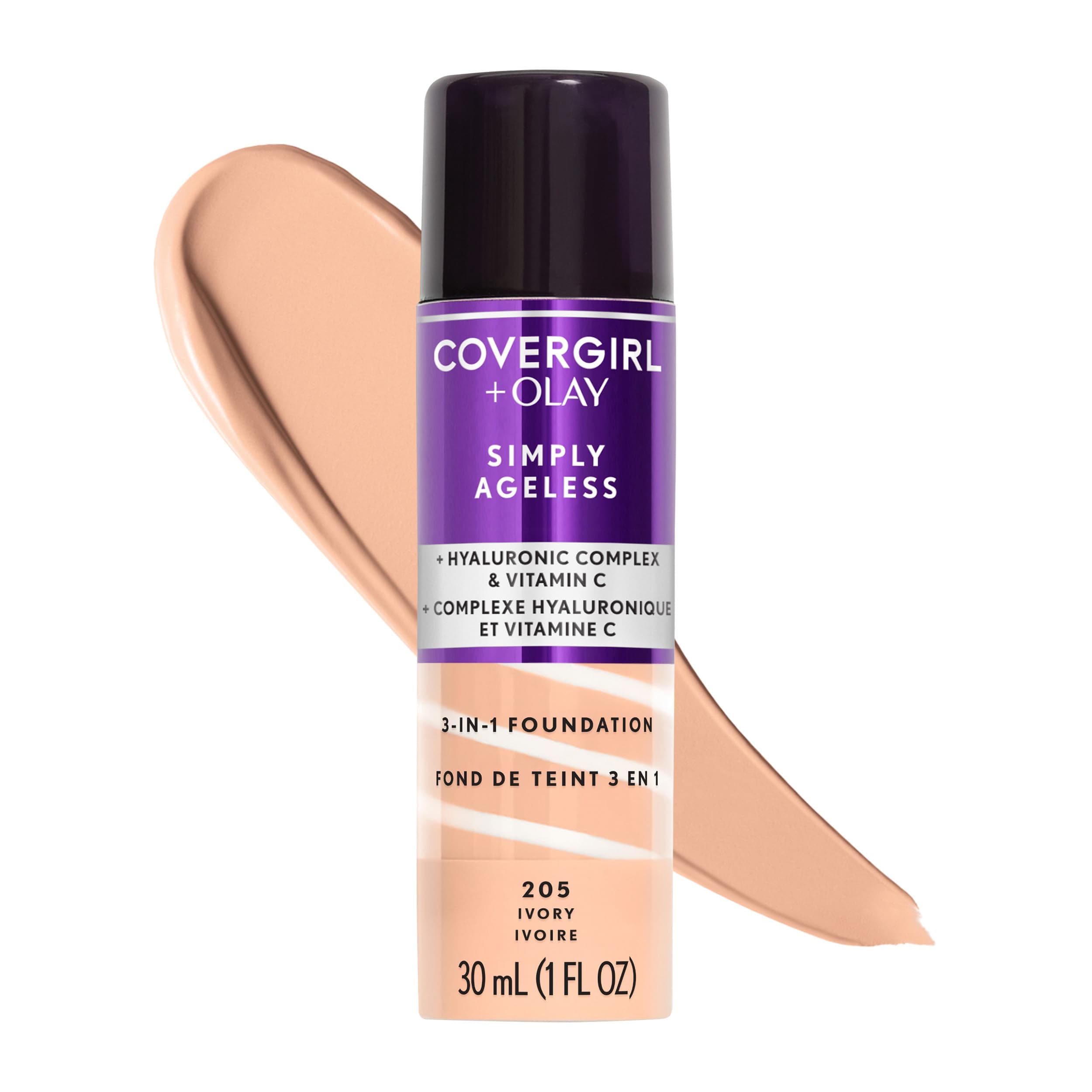 COVERGIRL & Olay Simply Ageless 3-in-1 Liquid Foundation, Matte Finish, Hyaluronic & Vitamin C Formula, 205 Ivory, 1 Count