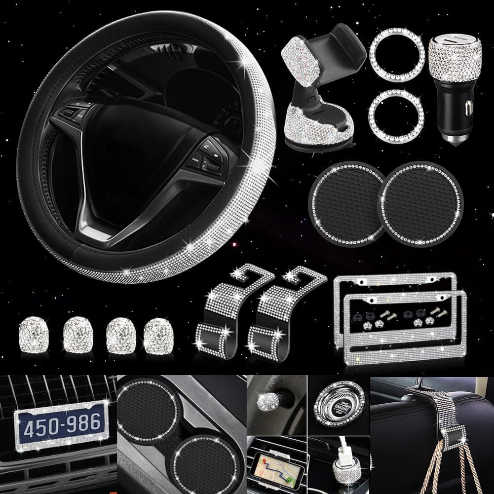 Diamond Bling Steering Wheel Cover for Women Universal Fit 15 Inch, 2 Glitter Rhinestone License Plate Frames, Crystal Car Seat Hooks for Purses Handbags, 15 Bling Car Accessories for Women
