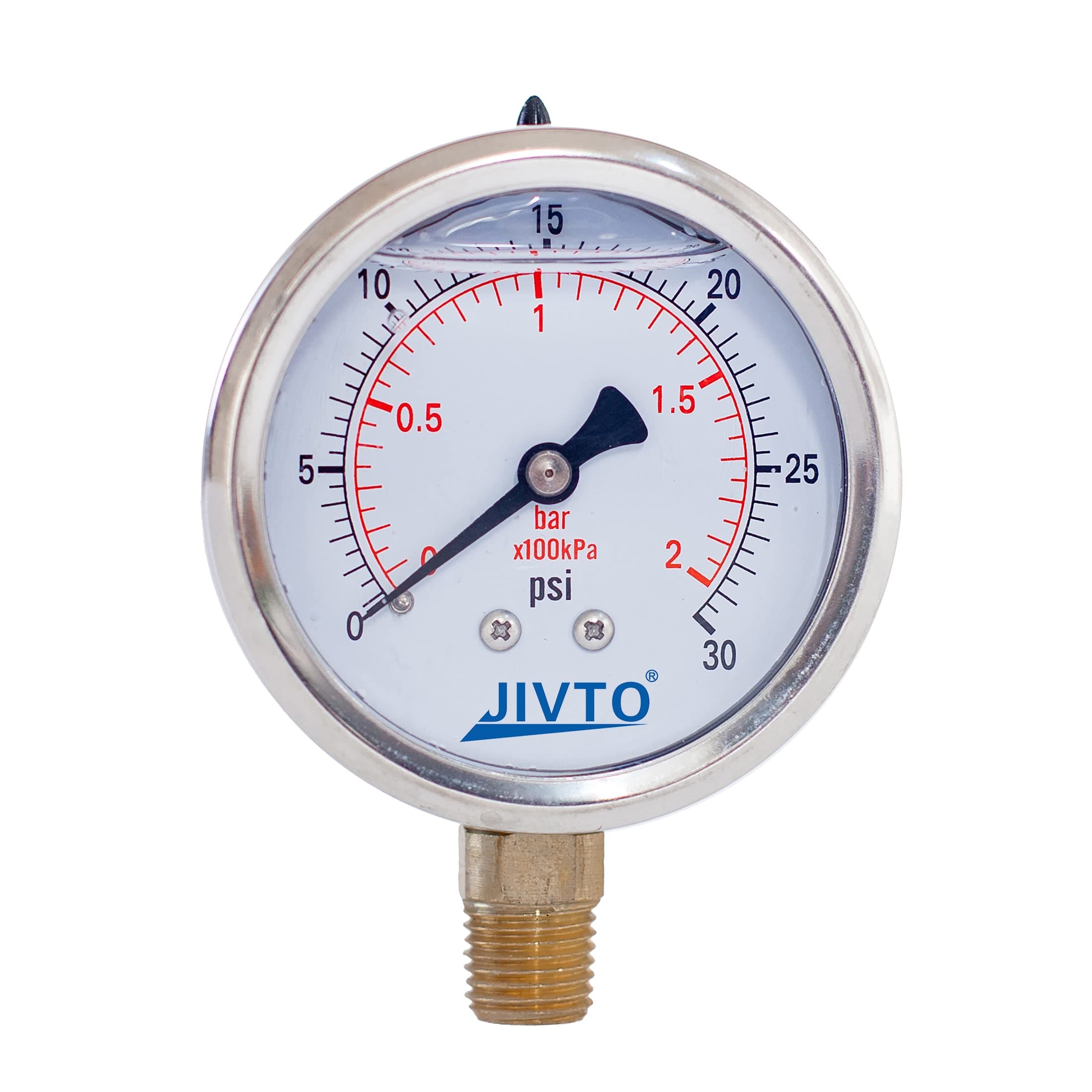 Pressure Gauge,Liquid Filled,2 1/2" face Dia,0-30 psi/bar/kpa,1/4" NPT Male Brass Connection,Lower Mount, Polycarbonate Lens Window, Stainless Steel case
