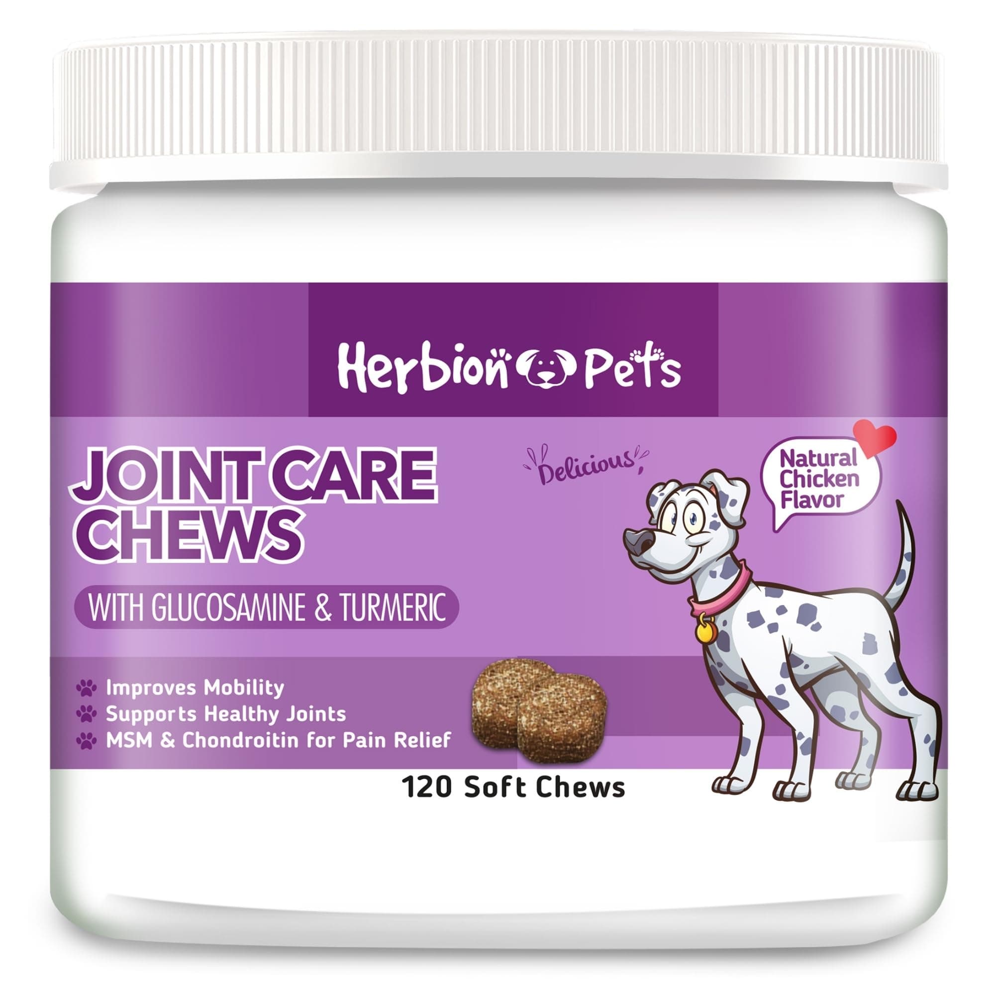 Herbion Pets Joint Care Chews with Glucosamine & Turmeric, 120 Soft Chews – MSM & Chondroitin for Pain Relief – Improves Mobility – Supports Healthy Joints – Made in USA. – For Dogs 12 Weeks +