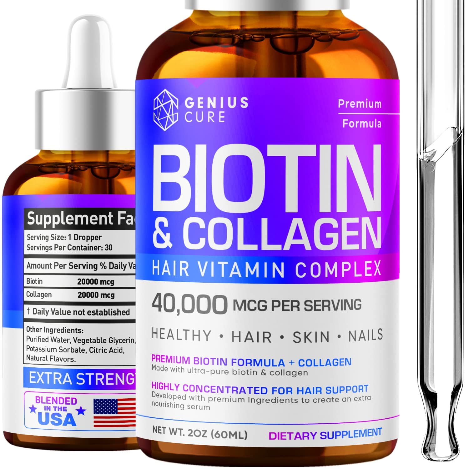 Biotin & Collagen Drops for Easy Absorption - Hair Growth Liquid Supplement - Healthy Skin & Nails - Unisex