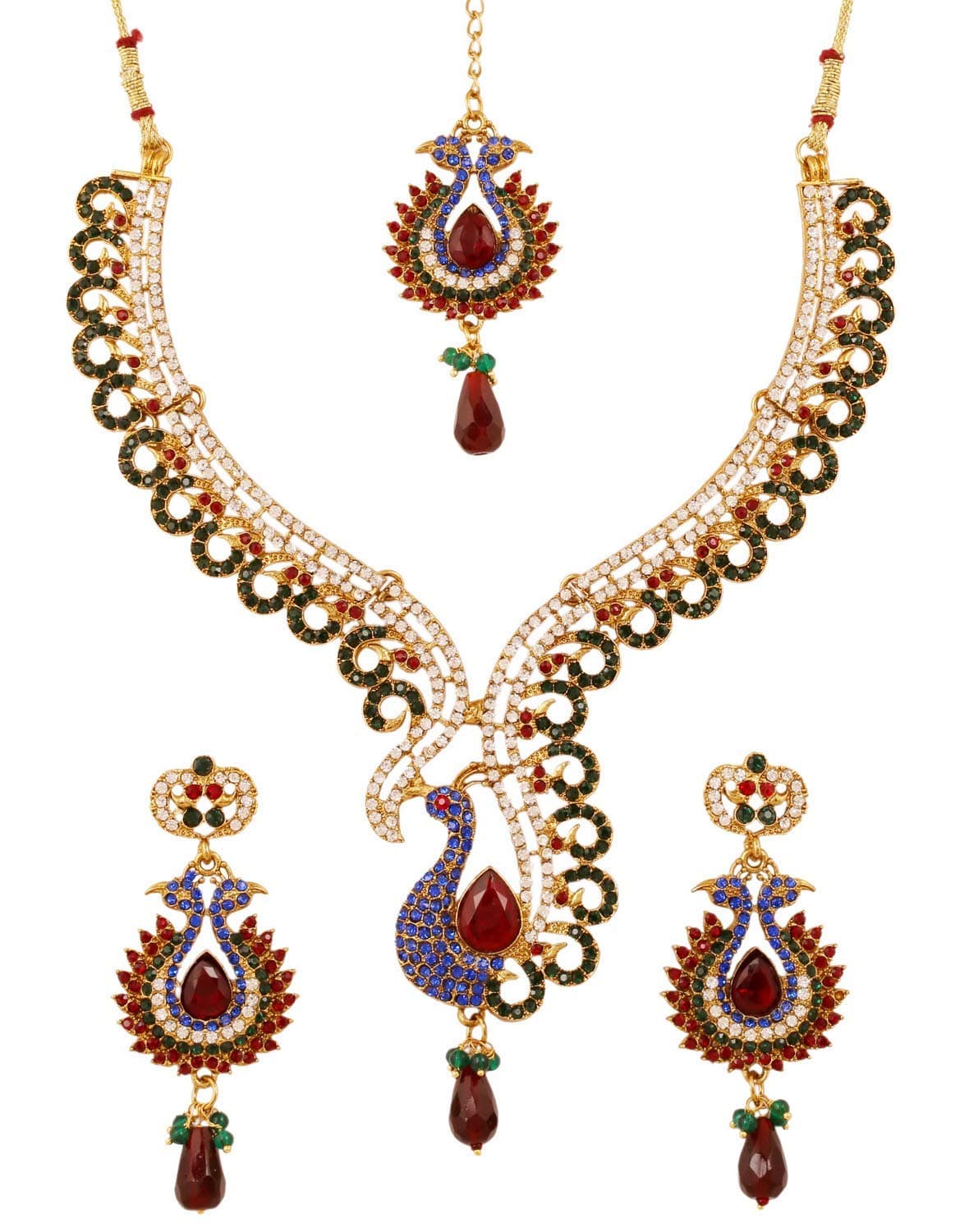 Indian Bollywood Traditional Craftsmanship Mughal Designer Jewelry Wedding Necklace Set in Antique Gold Or White Tone for Women.