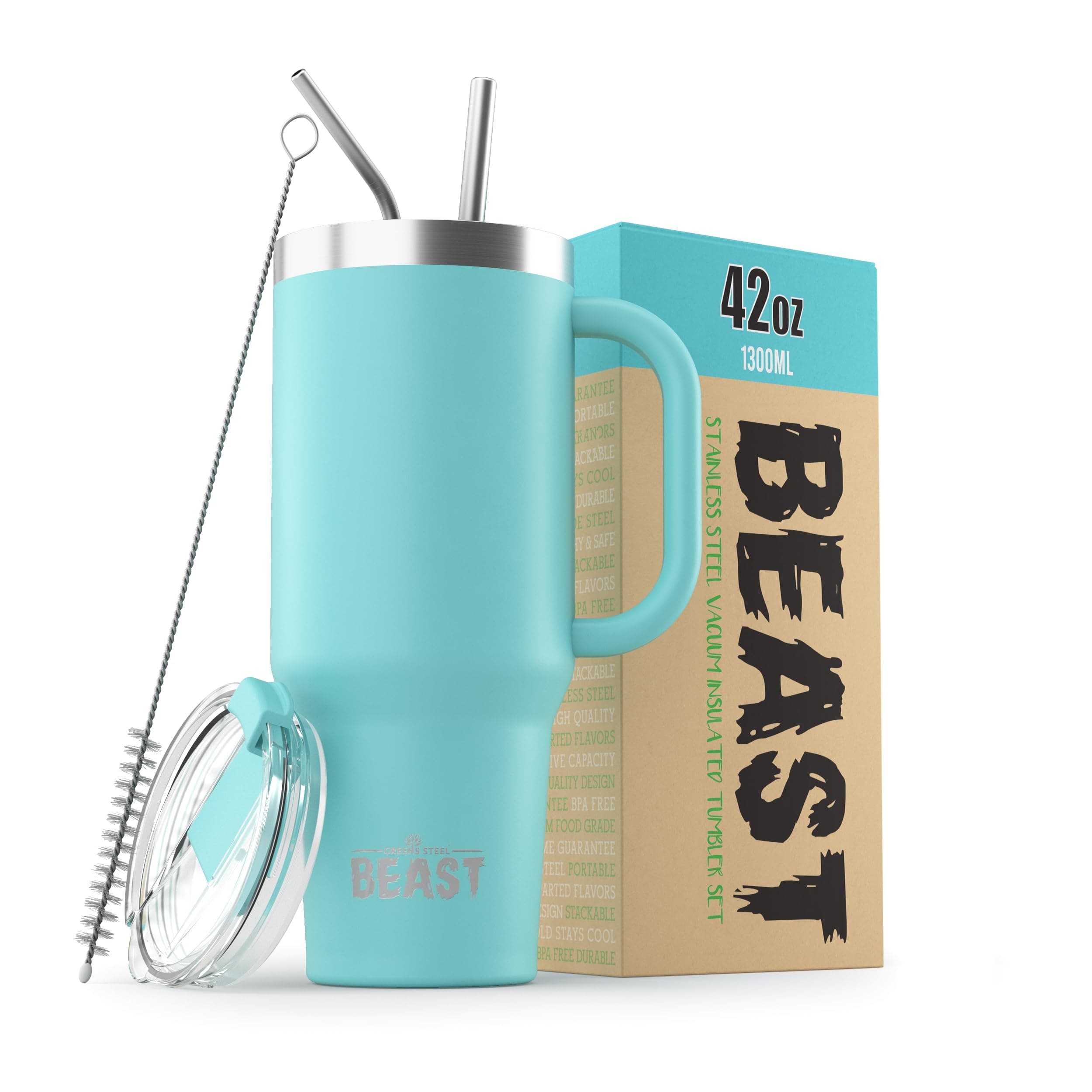 Beast 42 oz Tumbler with Handle Stainless Steel Vacuum Insulated Coffee Ice Cup Double Wall Travel Flask (Aqua Blue)