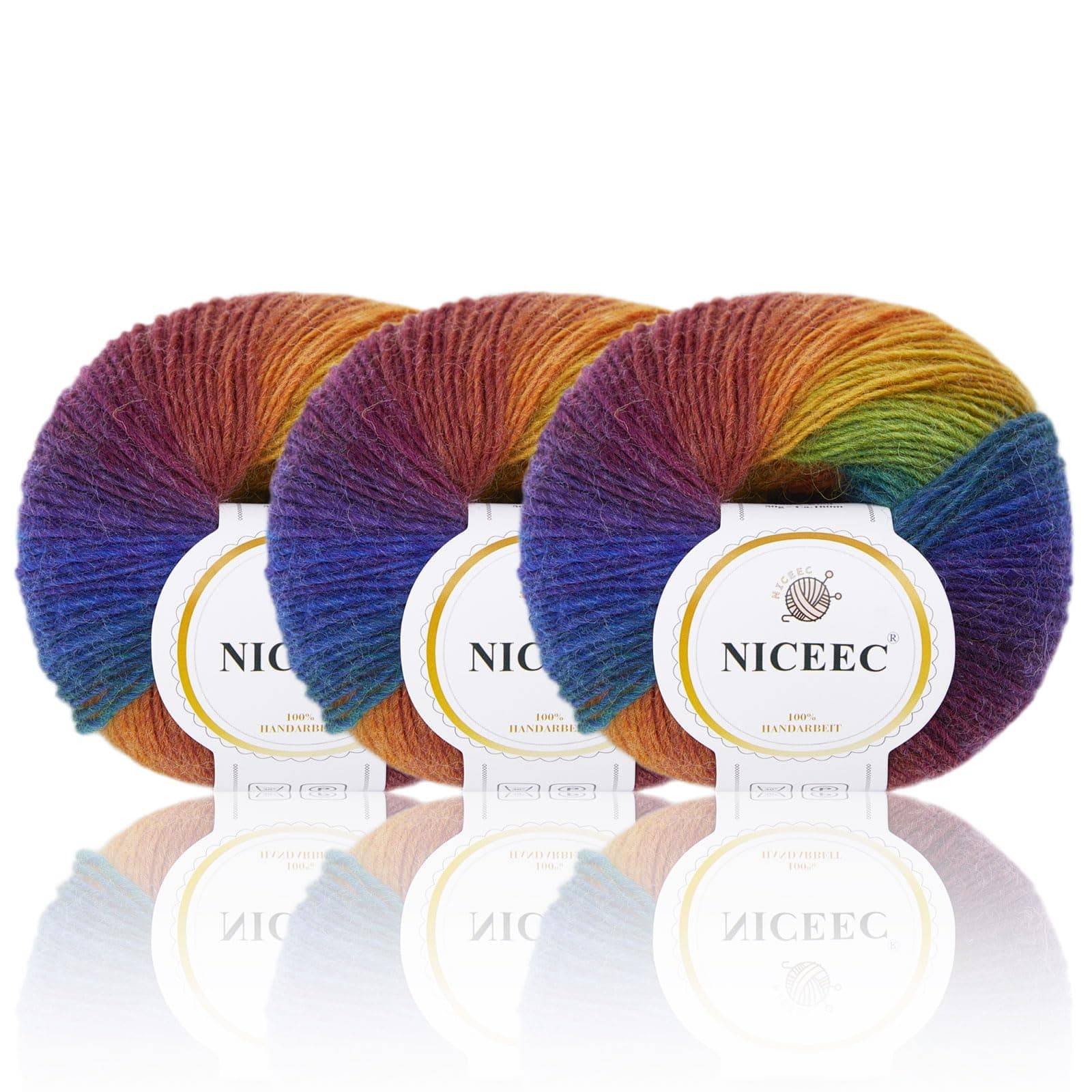 NICEEC 3 Skeins Rainbow Soft Yarn 100% Wool Gradient Multi Color Yarn for Crocheting Knit Total Length 180m×3(196yds×2,50g×3)-1#