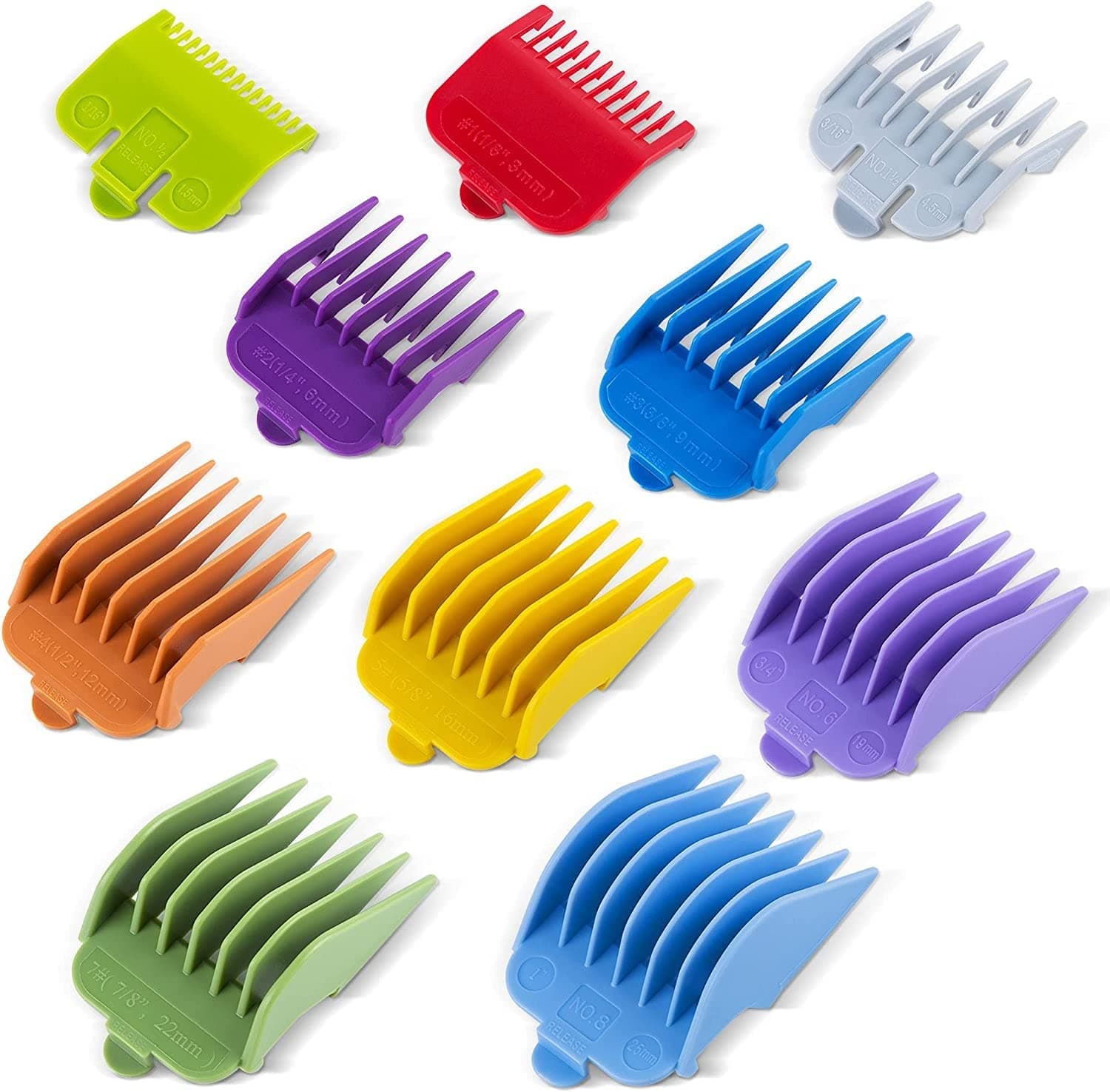 Men 10Pcs Professional Hair Salon Hair Clipper Guards Cutting Guides Fits For Most Electric Clippers, Color Coded Clipper Combs, Limit Combs Hair Trimmer Guards Comb Set (10 Pieces)