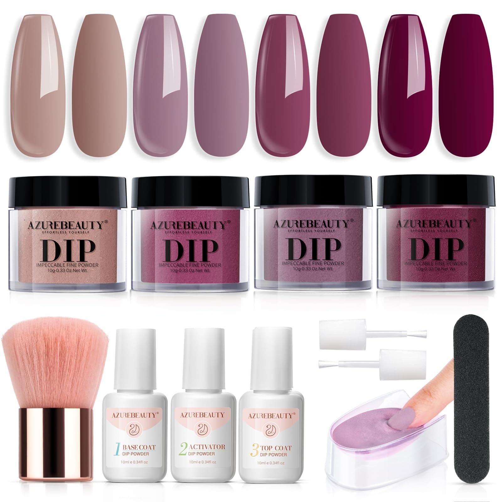 AZUREBEAUTY Dip Nail Powder Starter Kit 4 Colors Intellectual Lady Brown Purple Dip Powder Set with Base and Top Coat Activator Recycling Tray for French Nail Art Manicure Salon