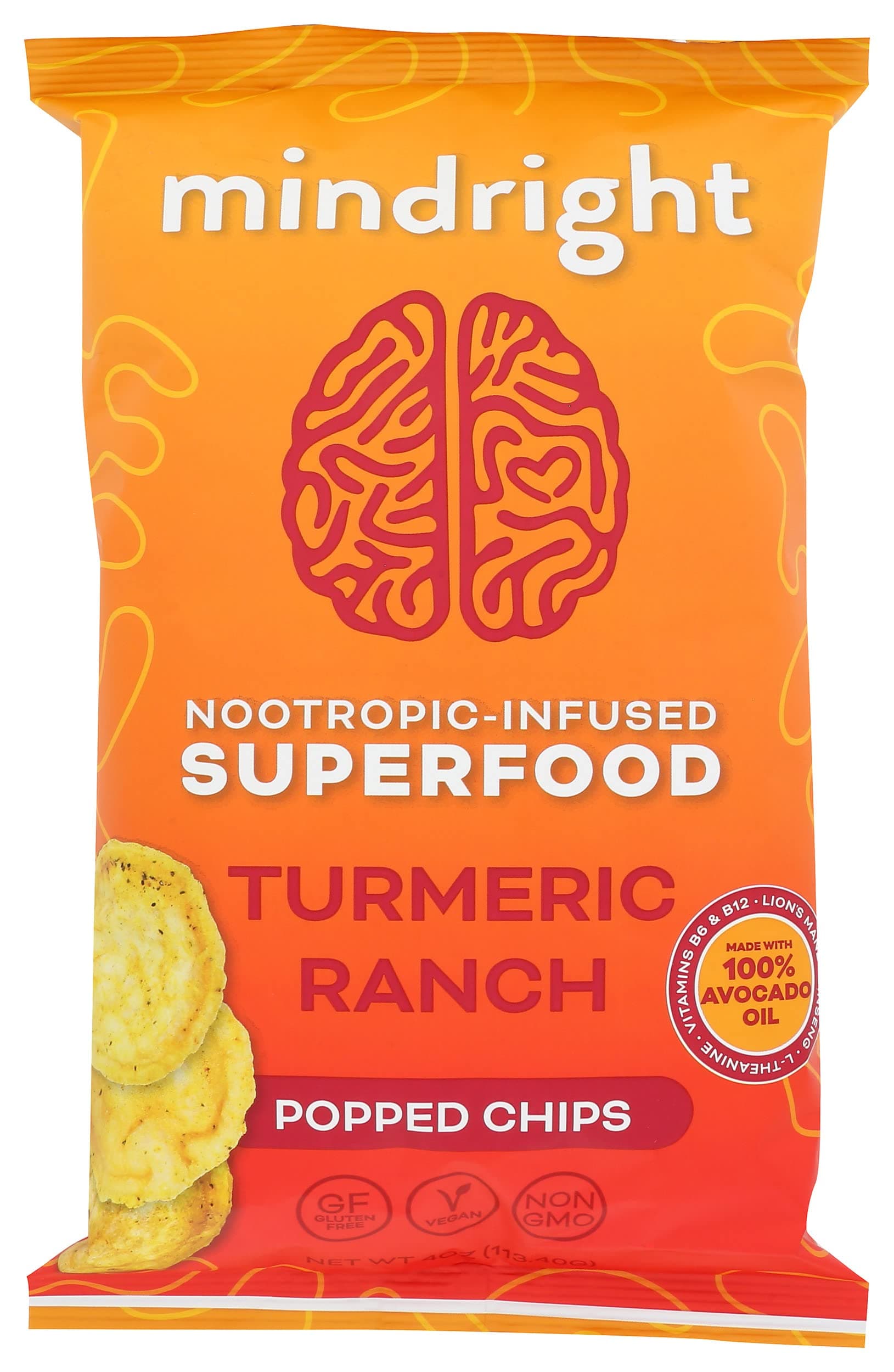 Mindright Nootropic-Infused Superfood Popped Chips, Turmeric Ranch, Made with 100% Avocado Oil, Deliciously Popped Not Fried, Vegan, Gluten Free & Non-GMO, 4 Ounce (Pack of 12)