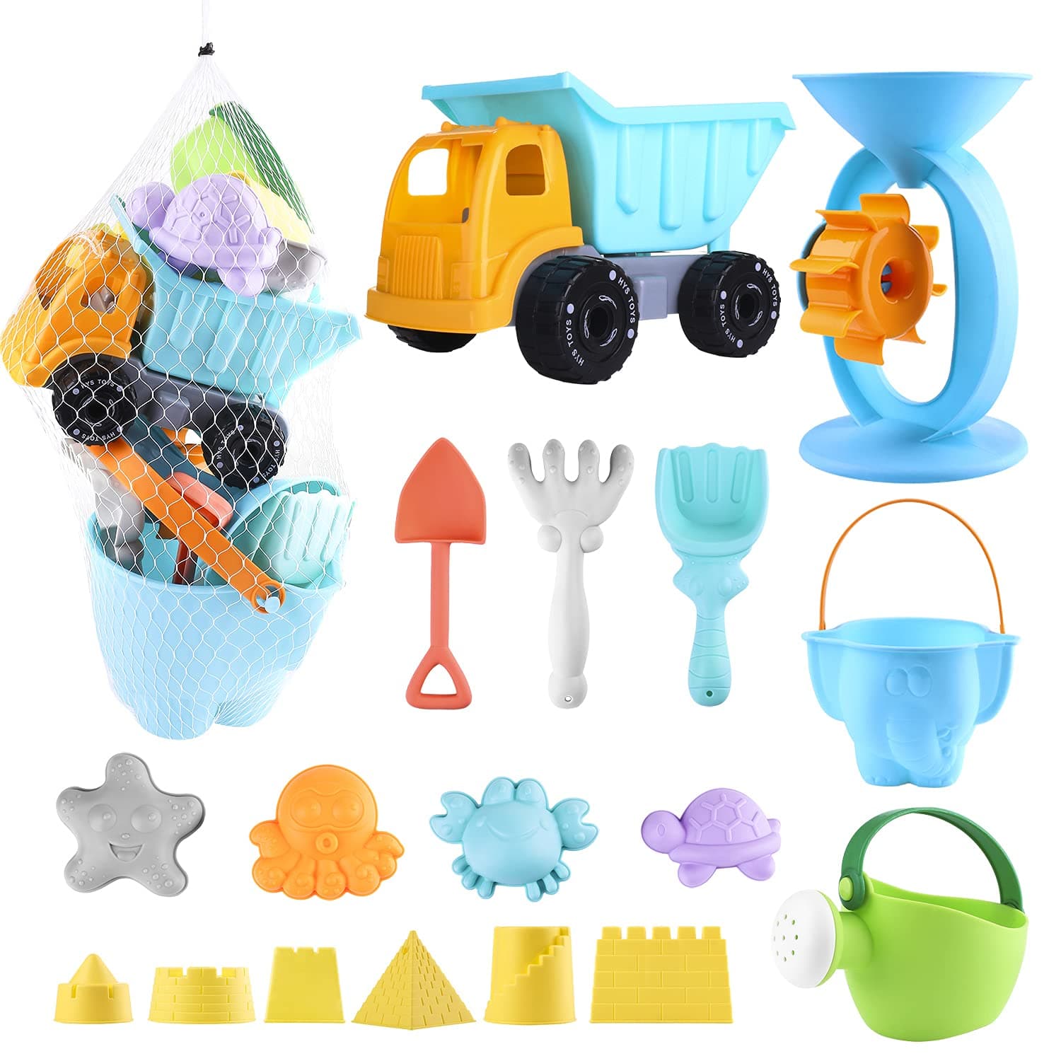 Auney Beach Toys Set for Kids 20 PCS - Sand Water Wheel, Castle Molds, Truck Bucket, Beach Shovels Rakes Tool Kit, Sea Animal Molds, Watering Can, with Mesh Backpack Sandbox
