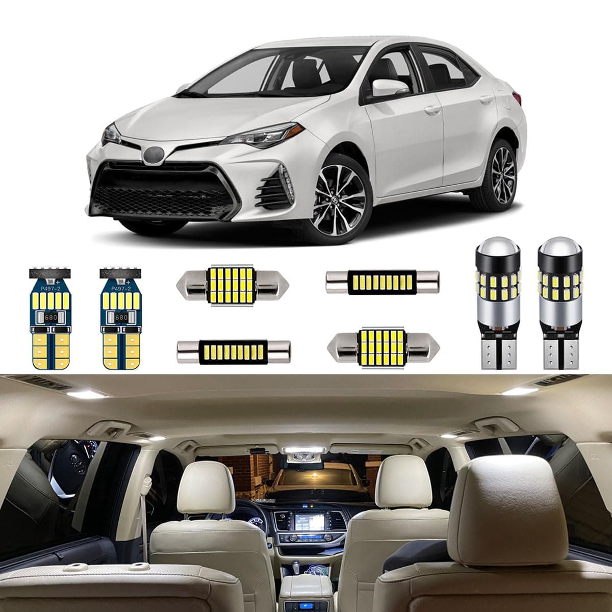6 Piece White Interior LED Lights Kit for Toyota Corolla 2013 2014 2015 2016 2017 2018 2019 2020 2021 2022 Super Bright 6000K LED Interior Light Bulbs Package + Install Tool