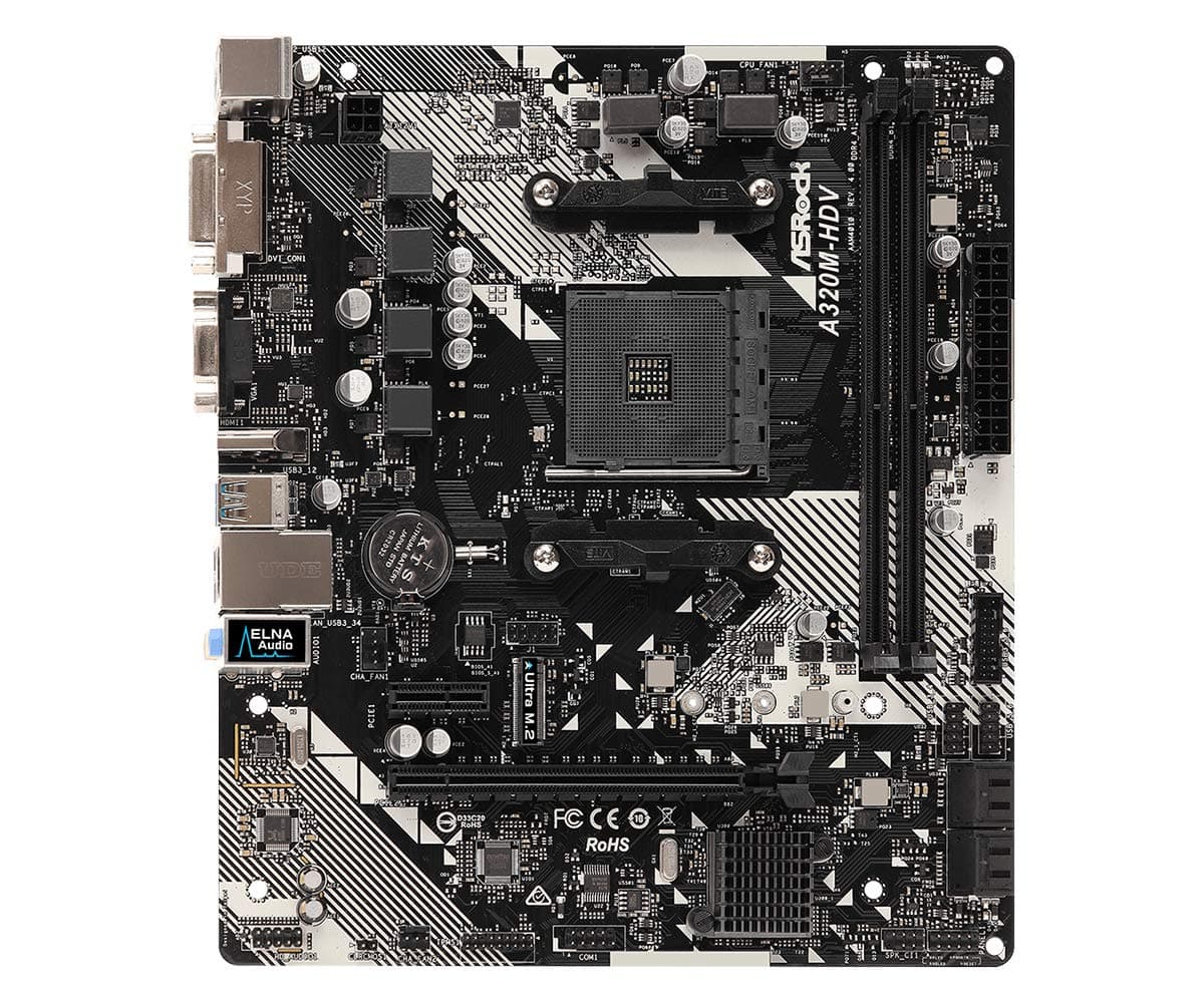 ASRock A320M-HDV R4.0, AM4, MATX, 2 DDR4 3200+(OC), USB3, VGA, DVI-D, HDMI, M.2 multi-coloured