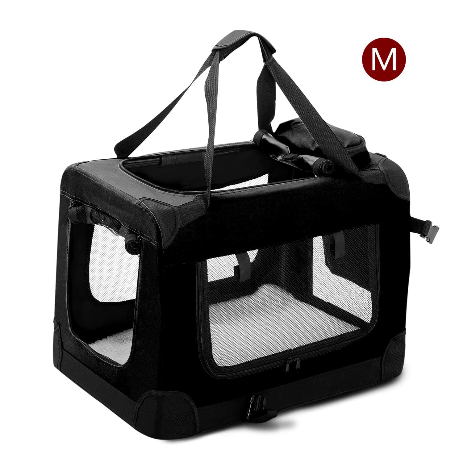 PURLOVE Lightweight Pet Bag Fabric Pet Carrier Crate Pet Cage Pet Car Seat Pet Booster Seat with Fleece Mat and Food Bag (M (60 x 42 x 42 cm), Black)