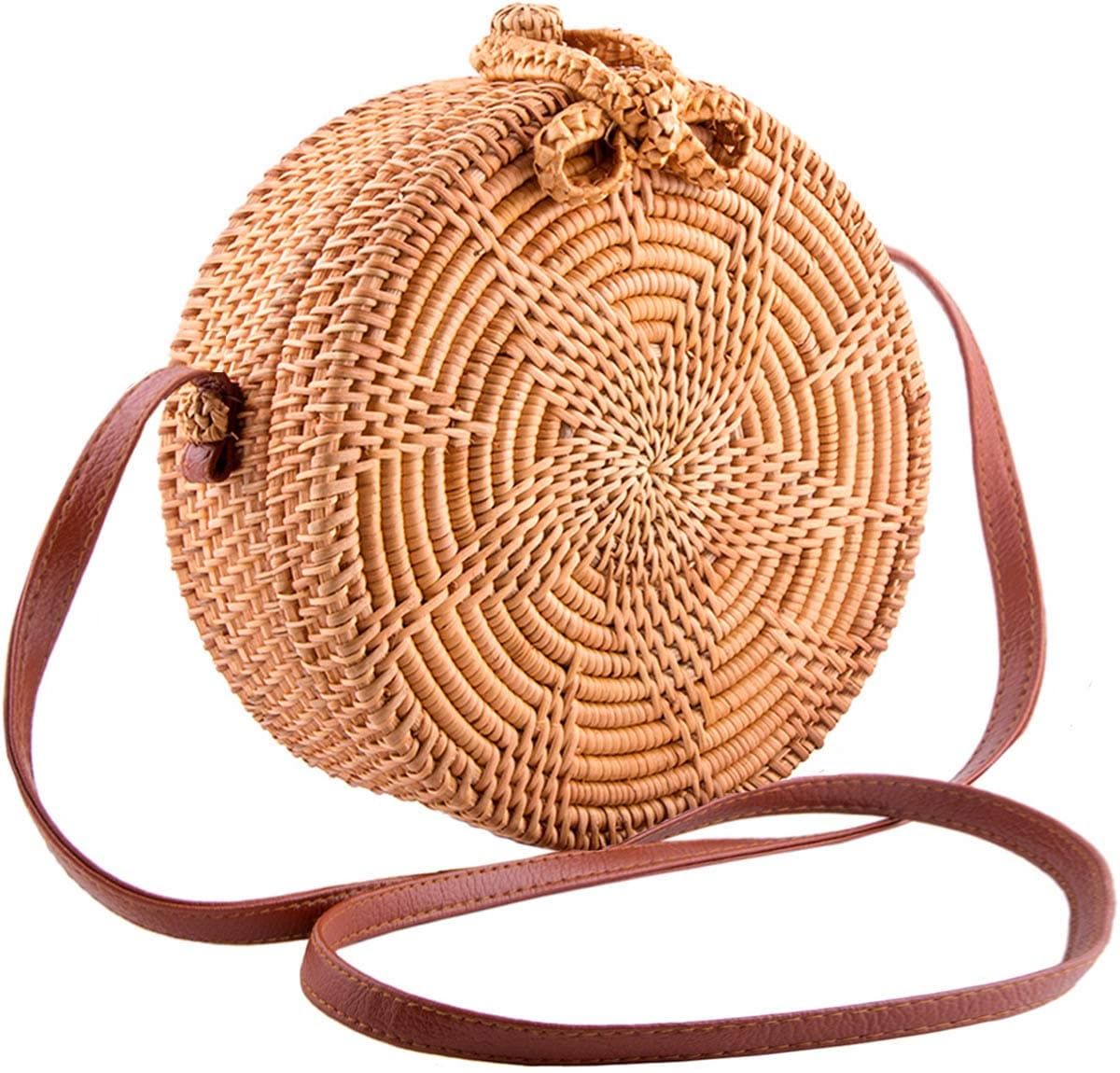 BINGONE Handmade Round Ata Rattan Bag - Boho Shoulder Straw Bag - Crossbody Purse Women
