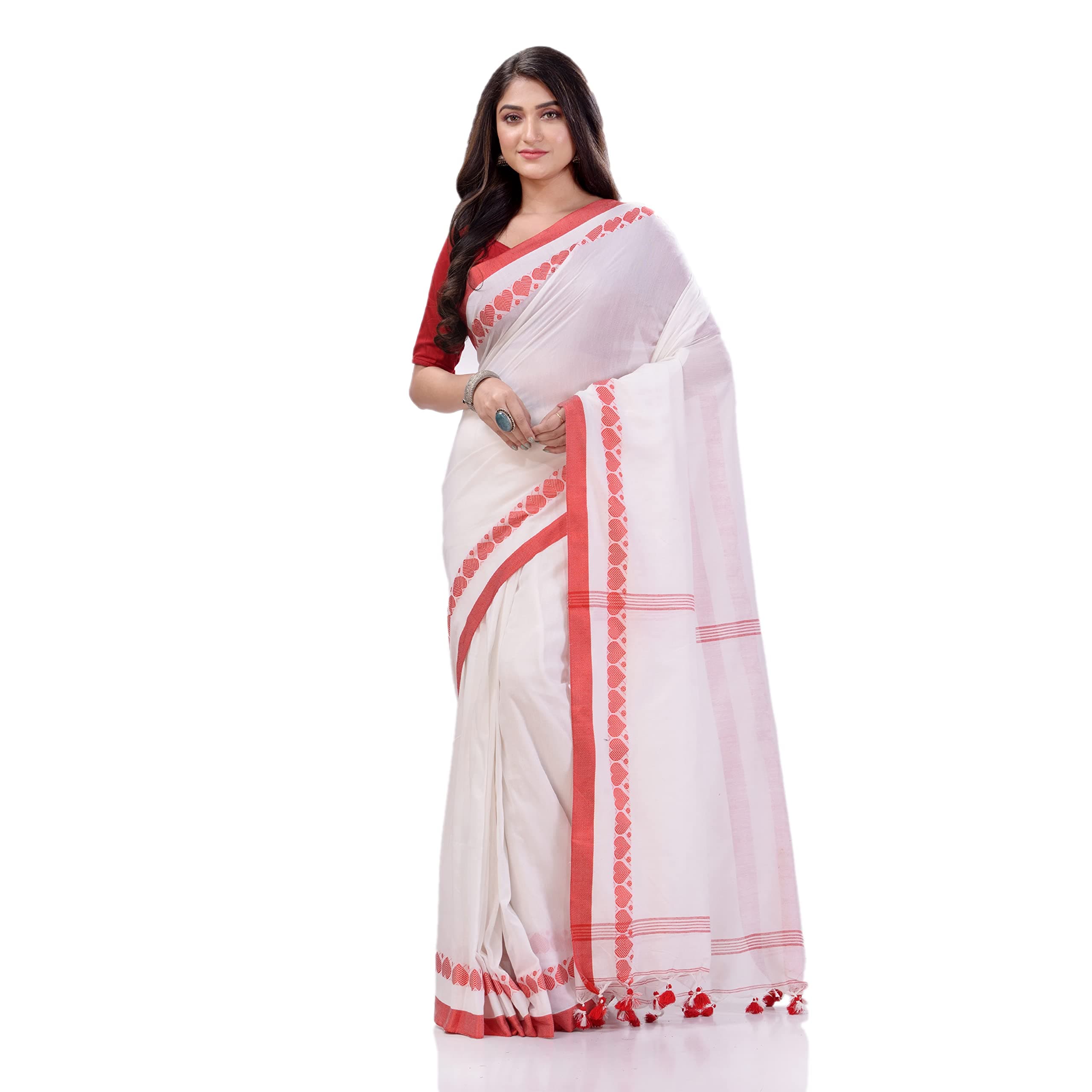 Women`s Traditional Bengali Tant Handloom Cotton Saree Prism Desigined With Blouse Piece, Deep Blue, 6.3 mTR