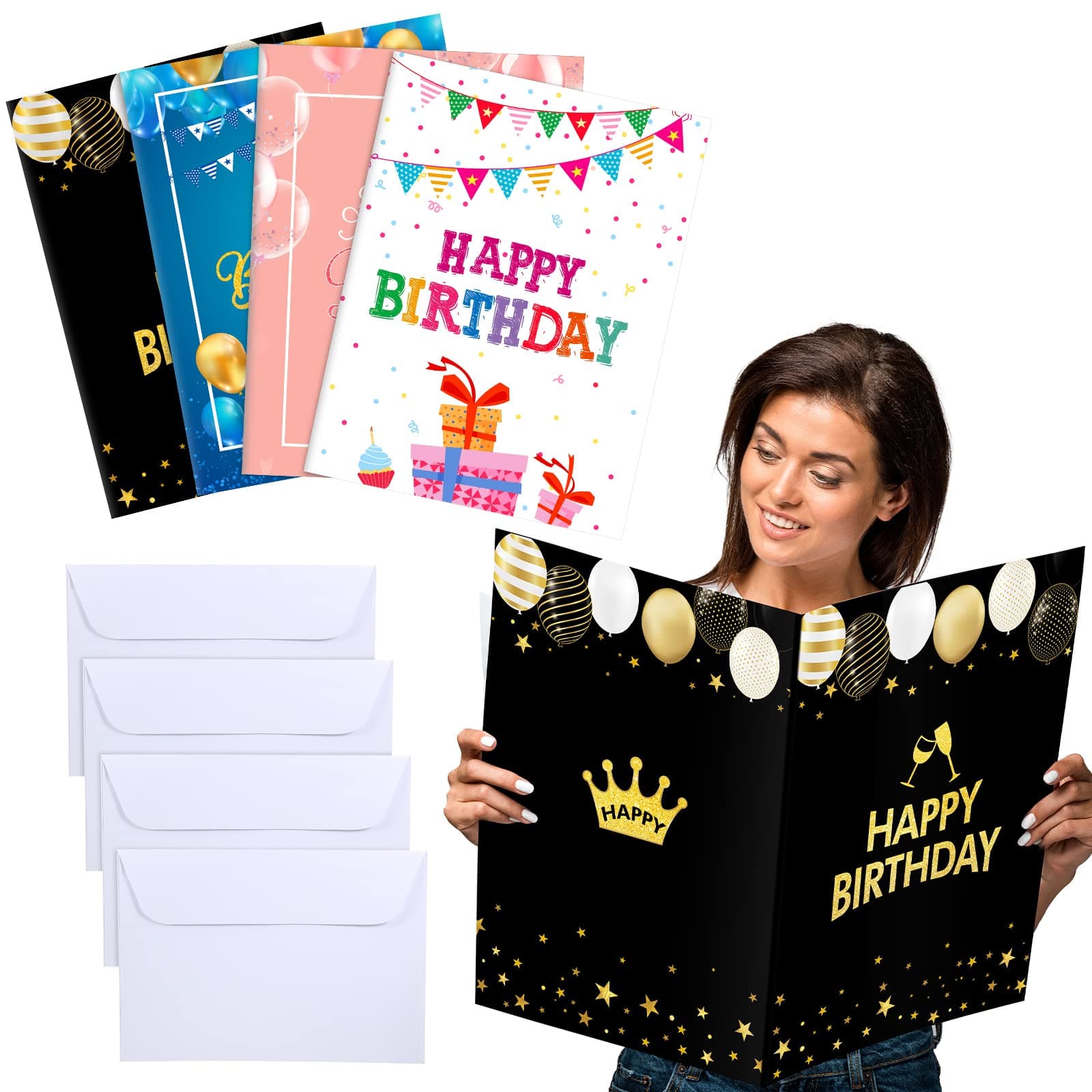 Leitee 4 Pcs Jumbo Happy Birthday Card Big Large Birthday Cards with Envelope 17 x 12'' Oversize Giant Greeting Guest Book Party Signs Decorations for Men Women Boss