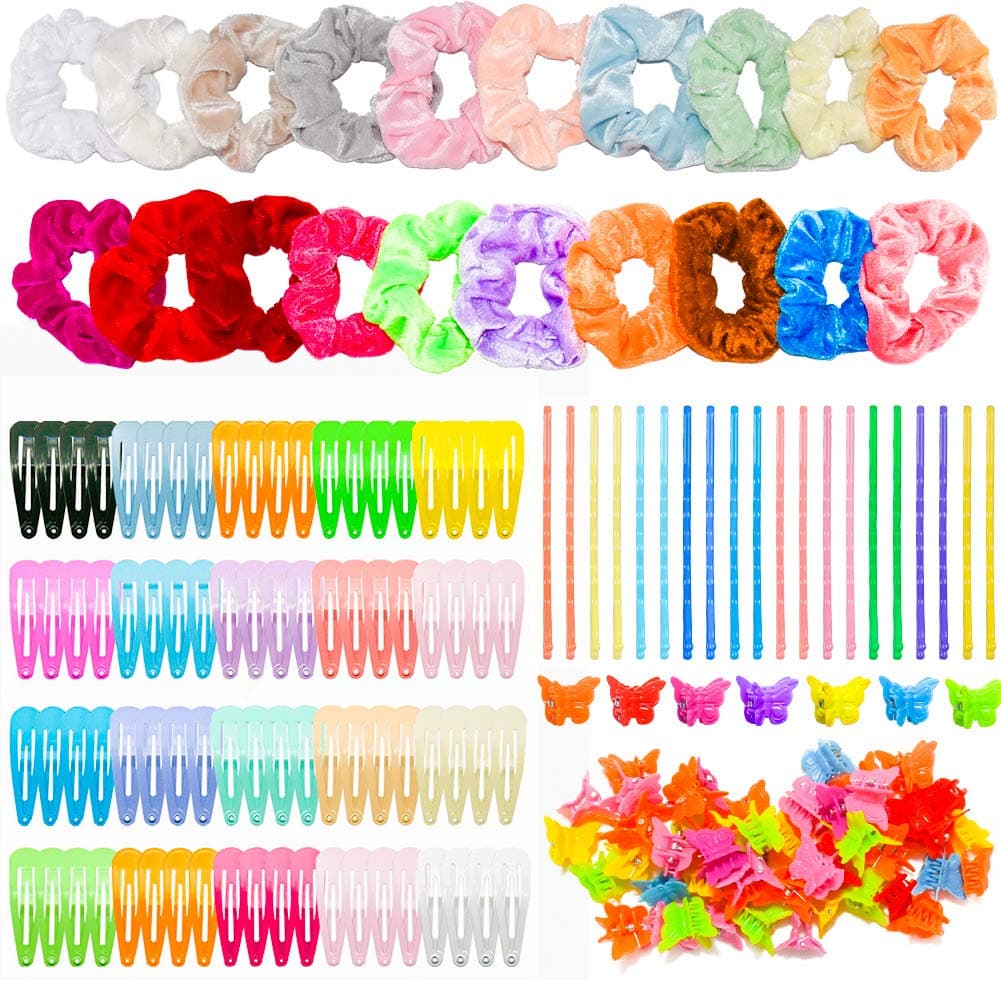 170PCS Snap Hair Clips Set Include Hair Snap Clips Velvet Hair Scrunchies Mini Butterfly Claw Clips Color Snap Clips for Girls Toddler