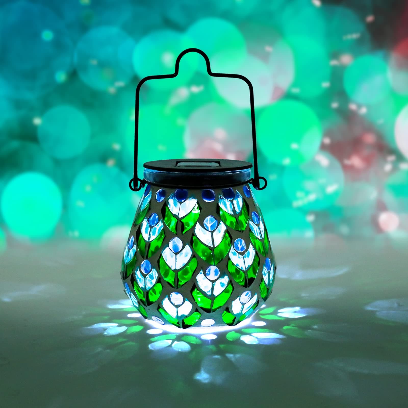 Mosaic Solar Lanterns - Solar Hanging Lantern Outdoor Waterproof Solar Table Lamps Night Lights for Garden, Patio, Party, Yard, Outdoor Indoor Decor (Peacock)