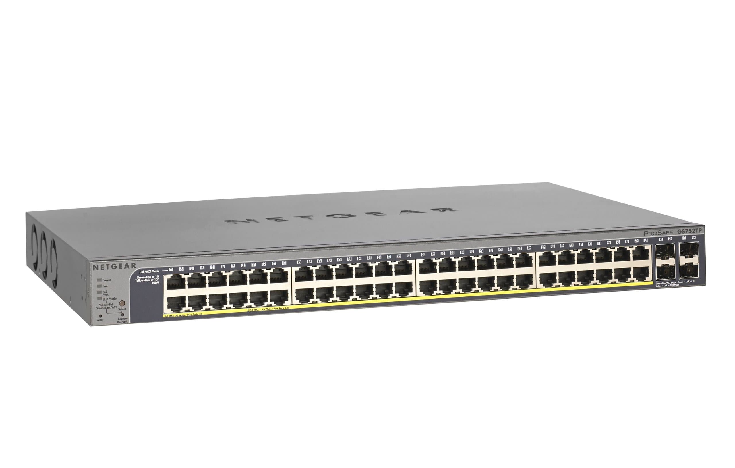 NETGEAR GS752TP-100NAS 48-Port Gigabit Ethernet Smart Managed Pro Switch, 4 SFP GbE Fiber Ports, Poe/PoE+, 384w, ProSAFE Lifetime Protection (GS752TP)