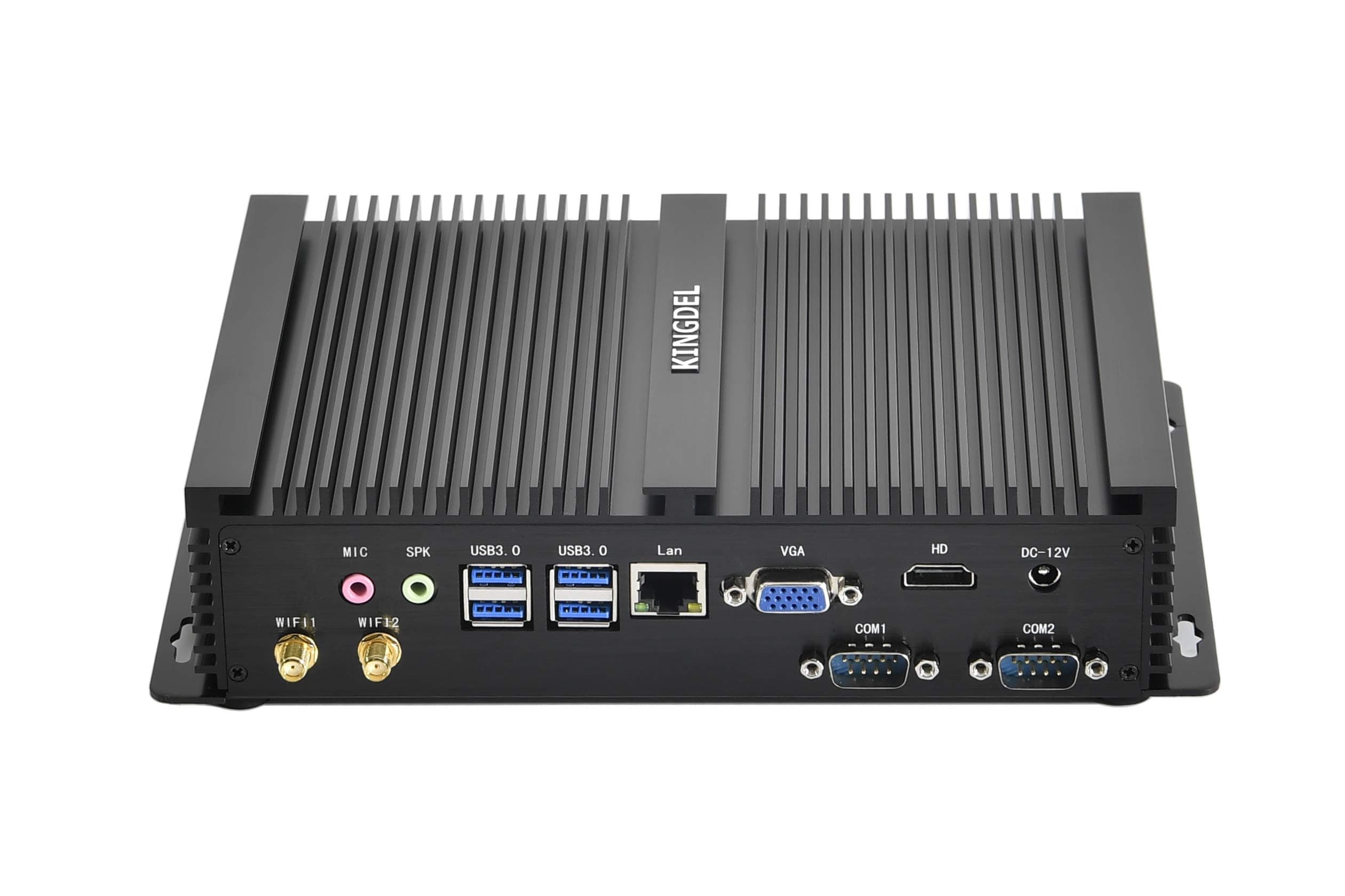 KINGDEL Fanless Industrial Computer, Mini PC, core i7 8th Gen. CPU, 16GB RAM 512GB NVMe SSD, 4K: 4096x2304, HD Port, VGA, 4xUSB 3.0, 2xCOM RS232, WiFi+Bluetooth, Metal Case